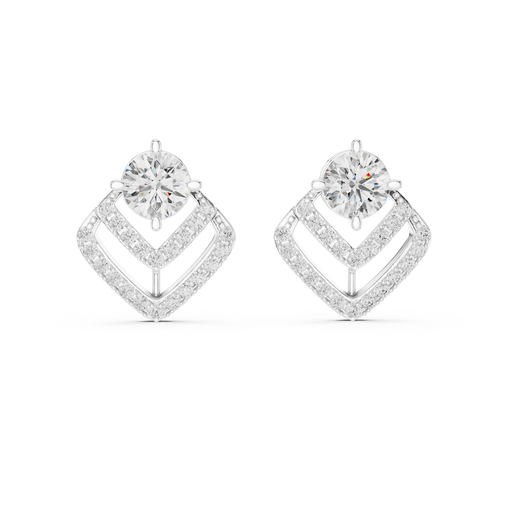 Prong-set round brilliant solitaire stud earrings with a double stone-set chevron drop jacket below