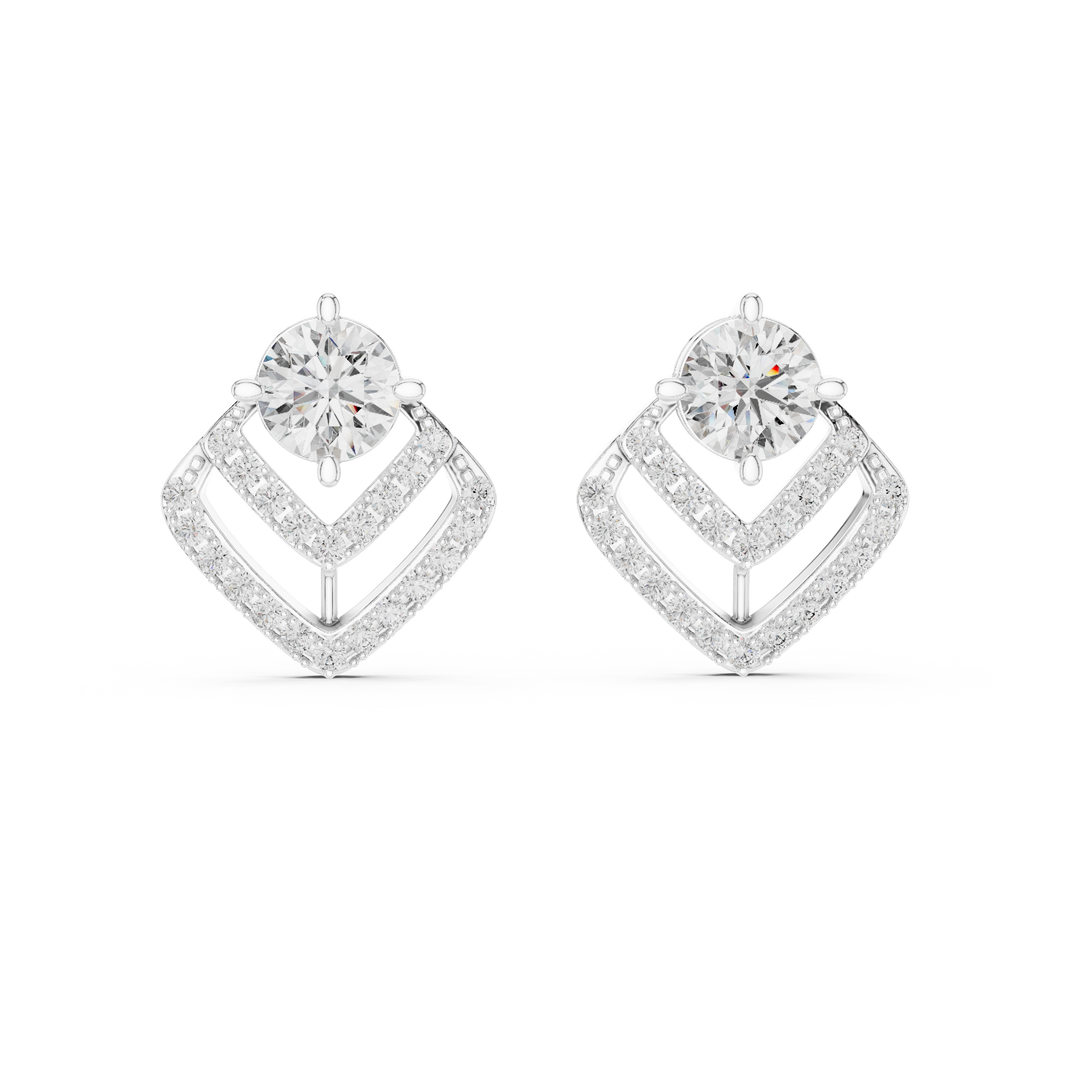 Prong-set round brilliant solitaire stud earrings with a double stone-set chevron drop jacket below