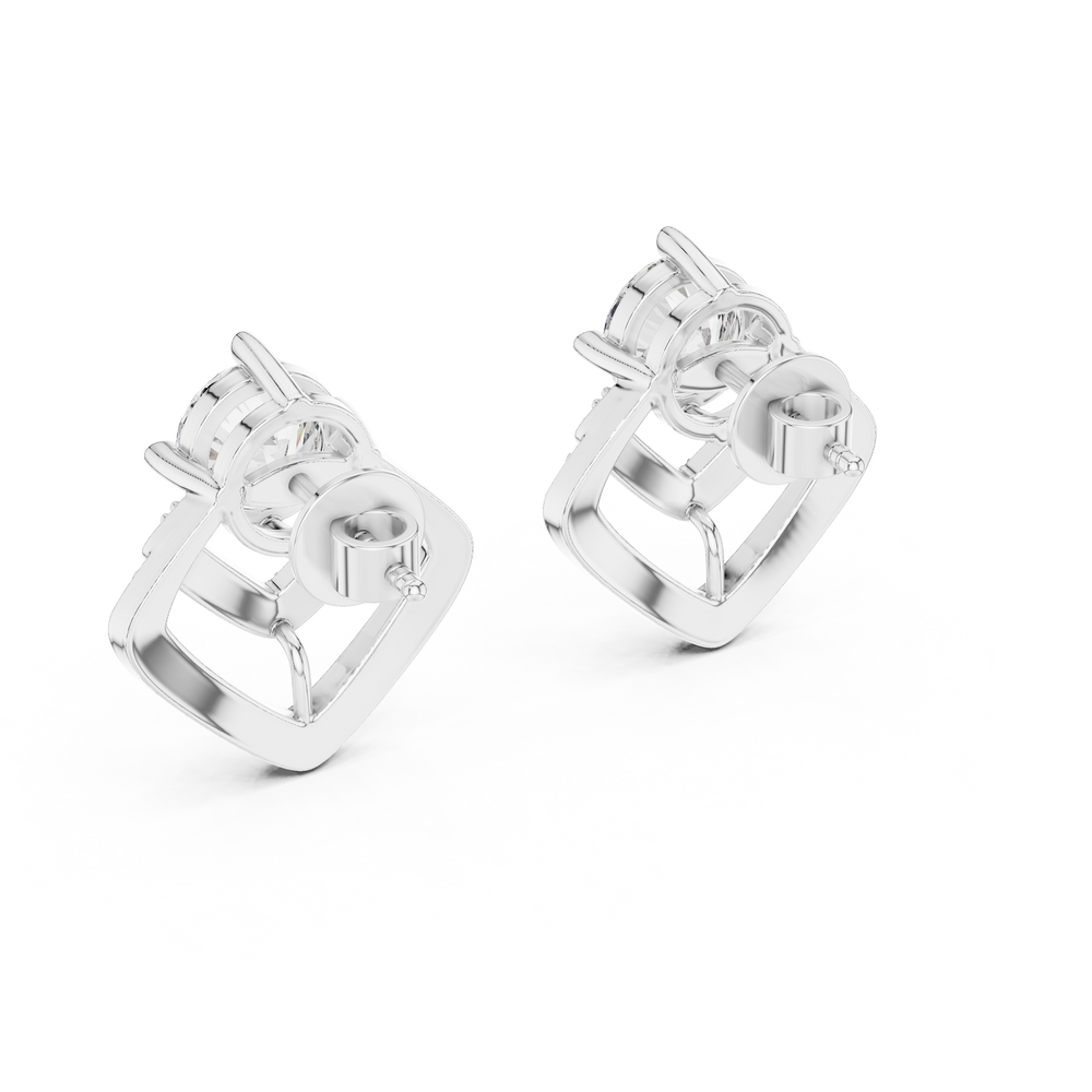 Prong-set round brilliant solitaire stud earrings with a double stone-set chevron drop jacket below