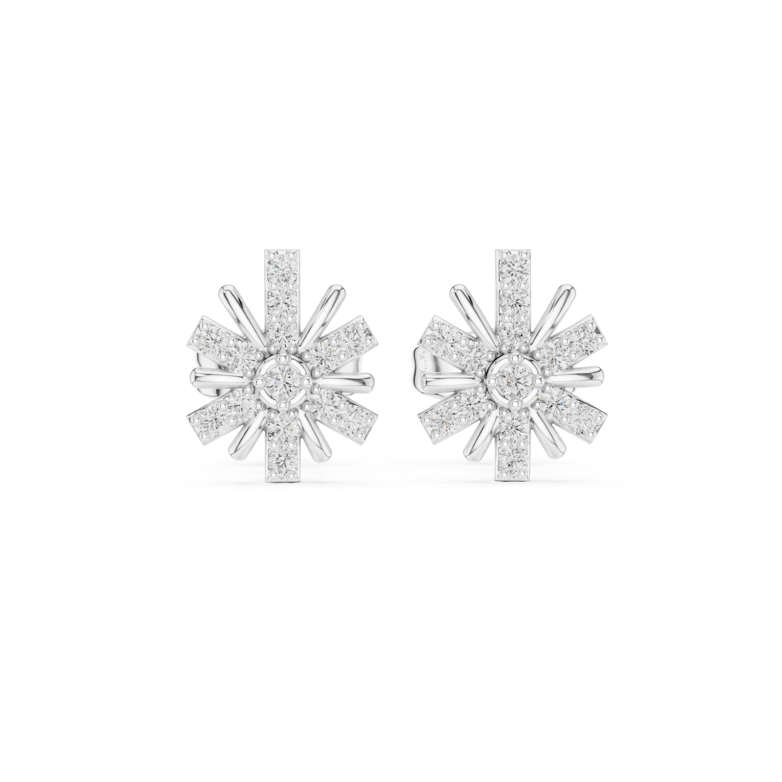 Starburst stud earrings with a bezel-set solitaire centre, pavé-set radiating arms and polished spike accents