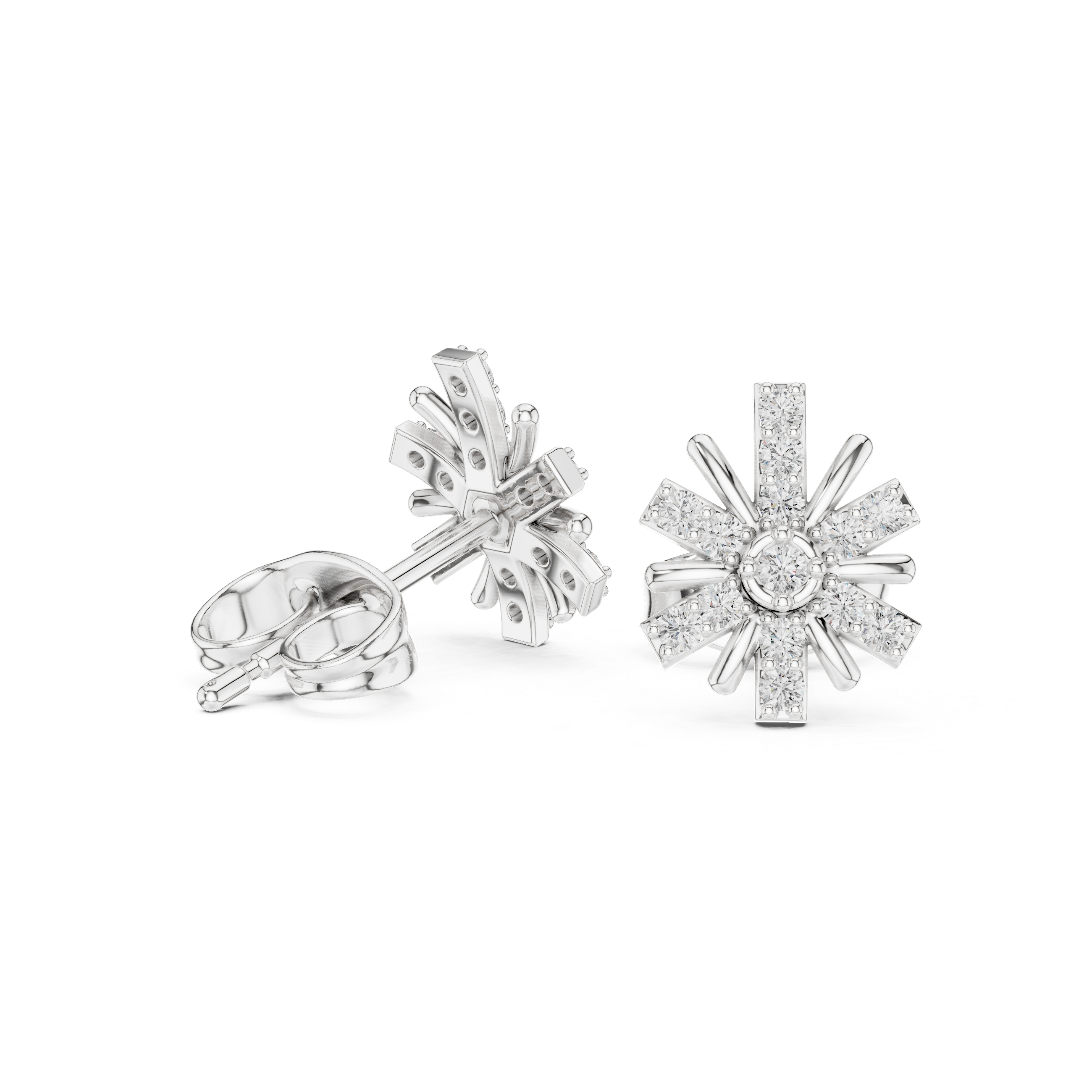 Starburst stud earrings with a bezel-set solitaire centre, pavé-set radiating arms and polished spike accents