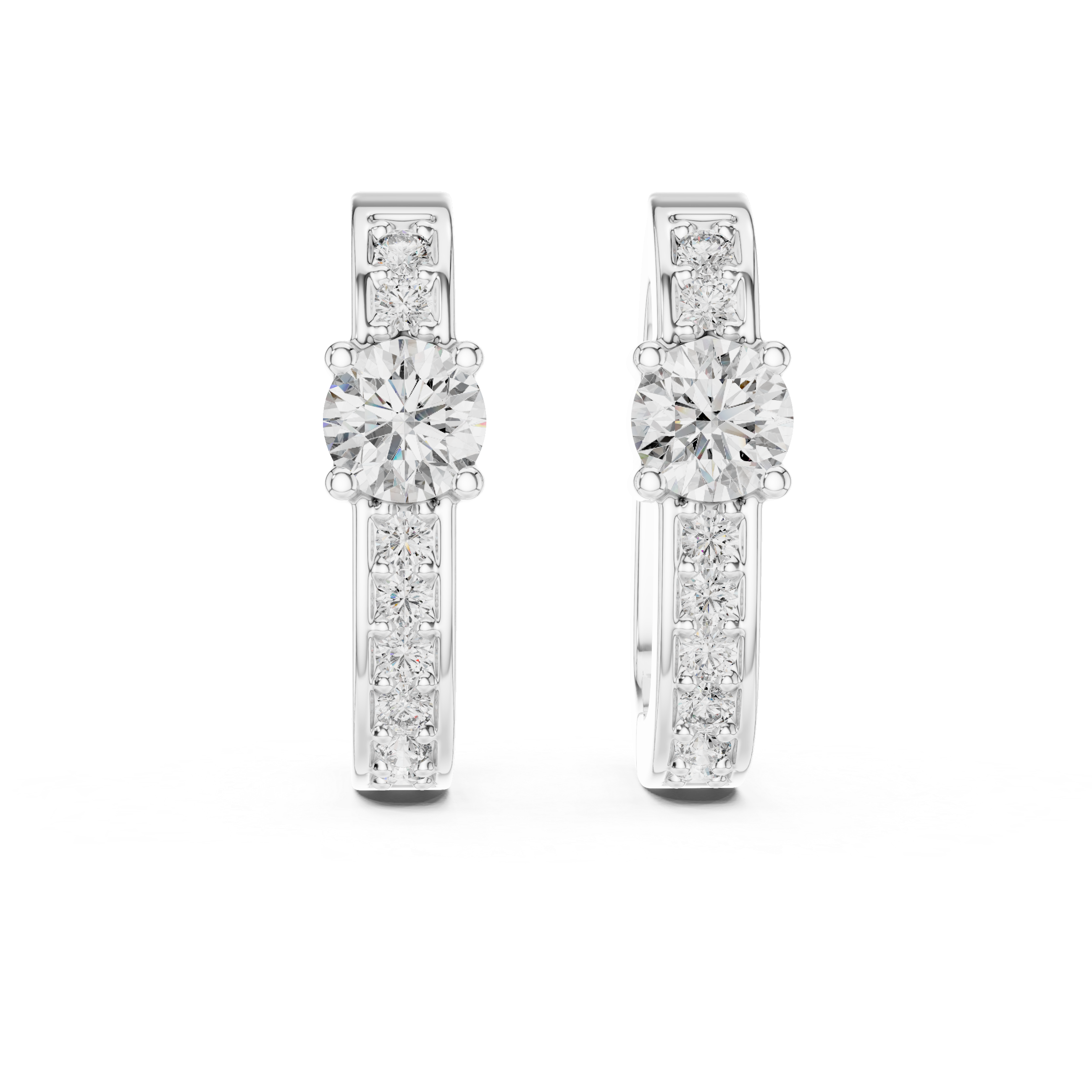 Solitaire station huggie earrings with stone set band and large prong set round solitaire centre stone