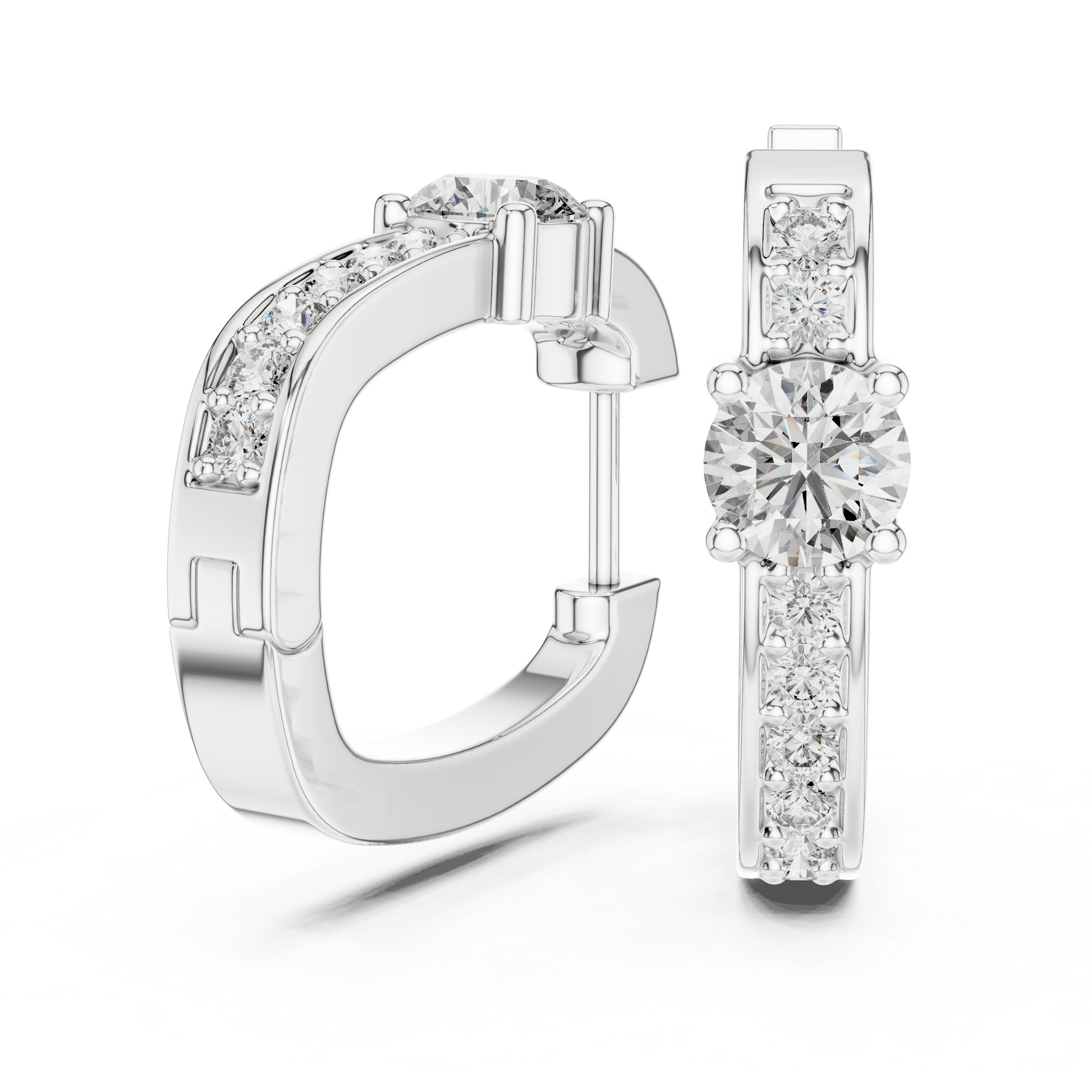 Solitaire station huggie earrings with stone set band and large prong set round solitaire centre stone