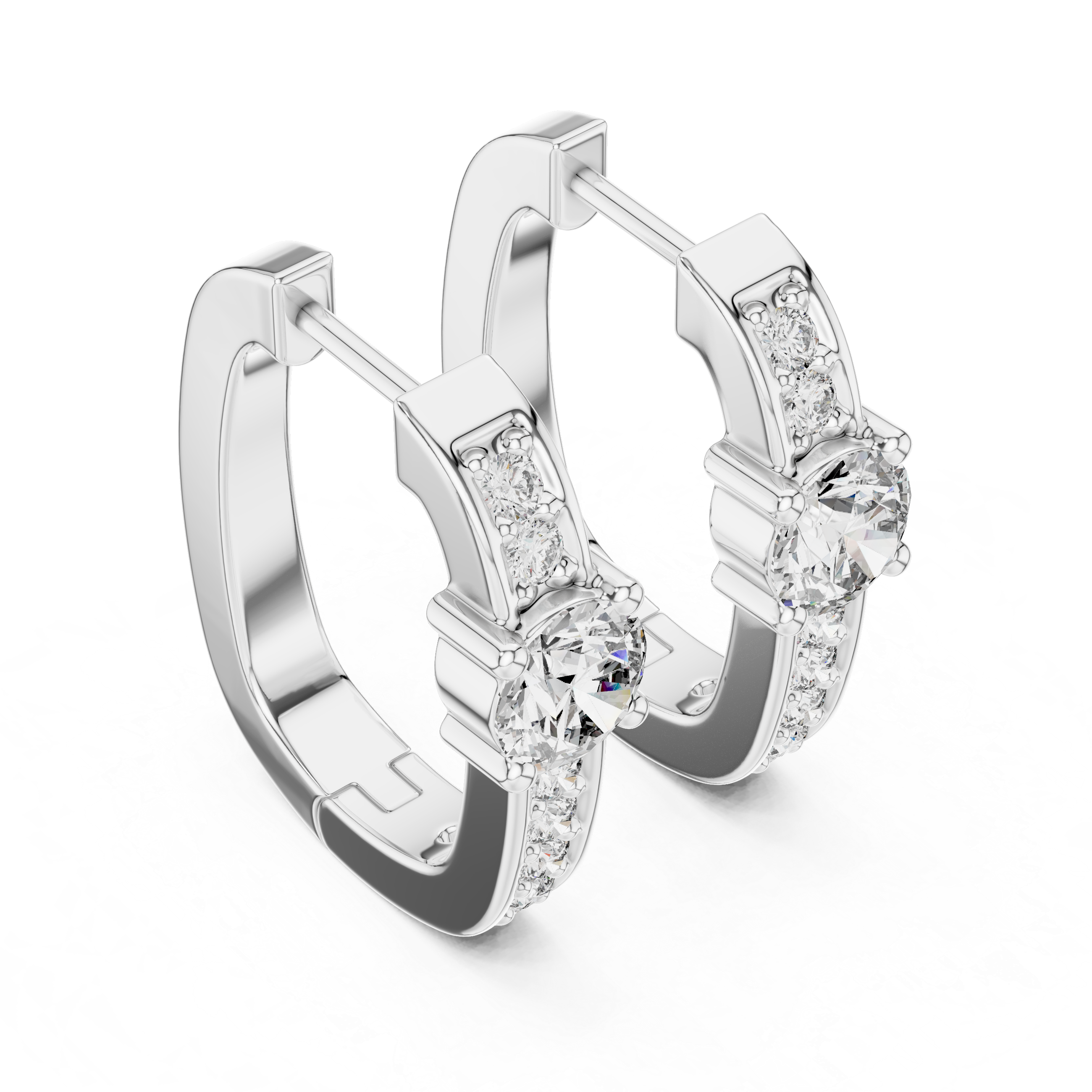 Solitaire station huggie earrings with stone set band and large prong set round solitaire centre stone