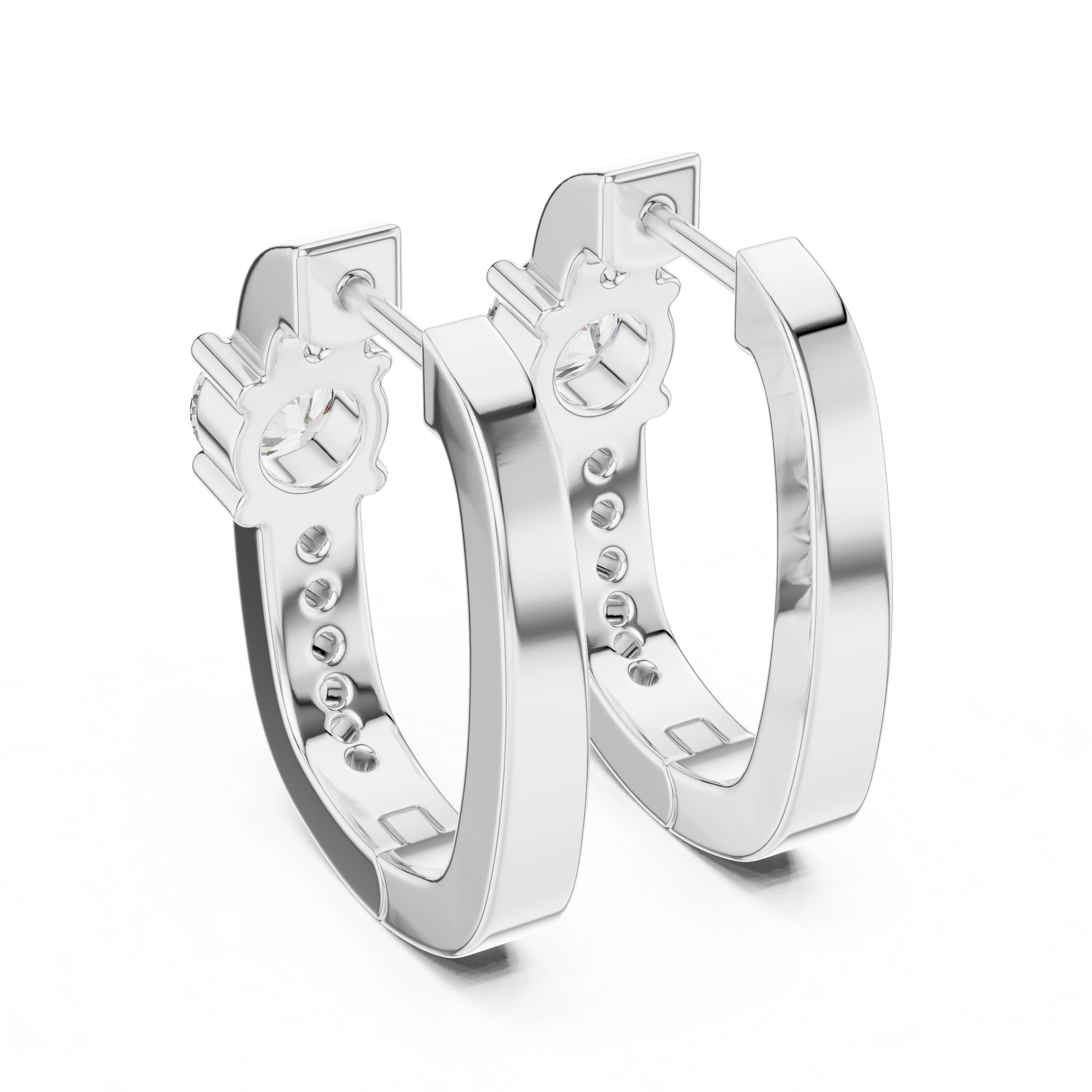 Solitaire station huggie earrings with stone set band and large prong set round solitaire centre stone