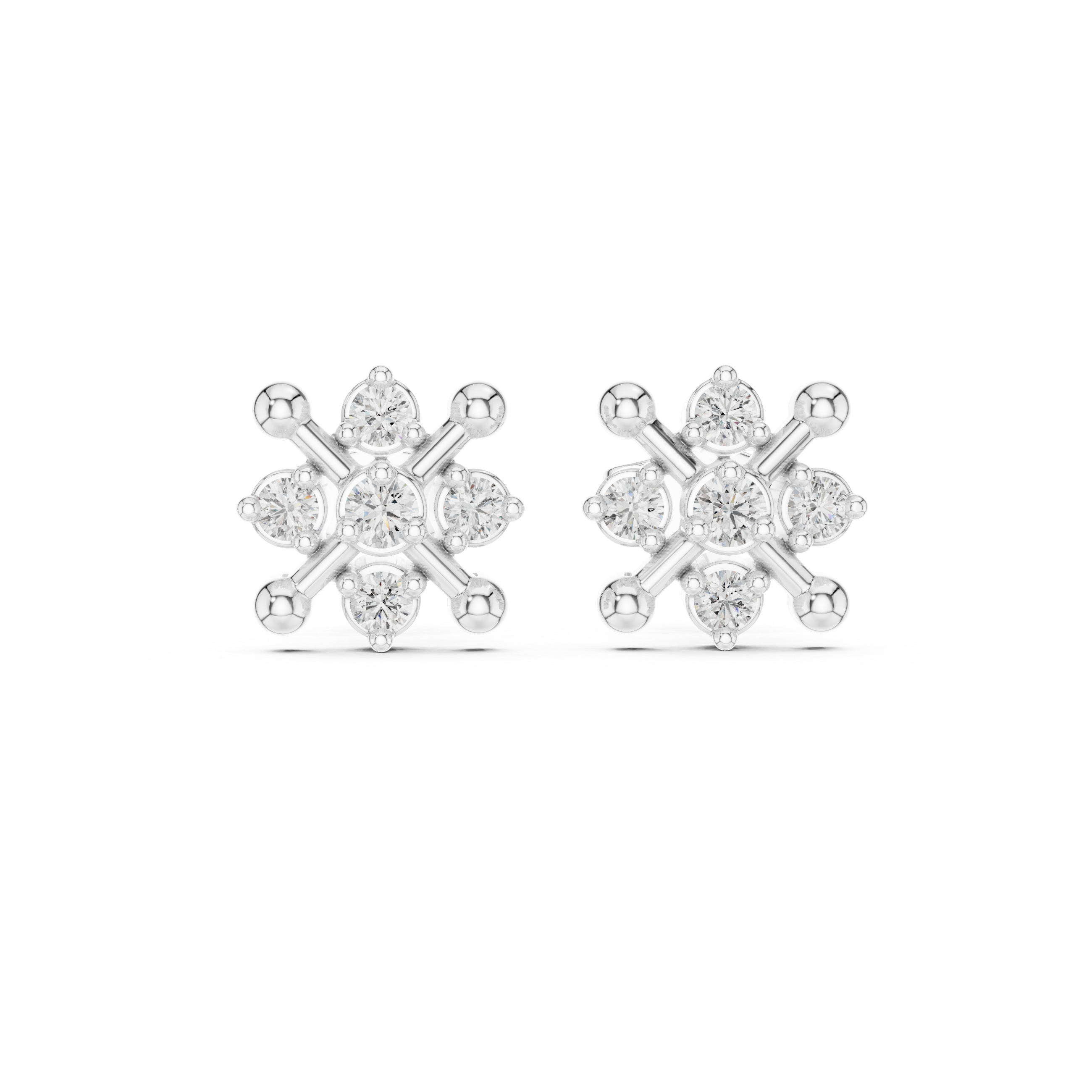 Spoke wheel cluster stud earrings with round stone cluster centre and bar spoke frame with bead tips in a wheel pattern