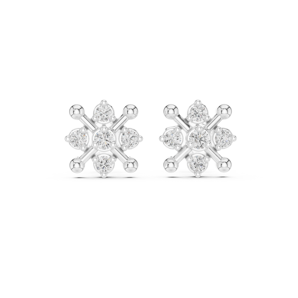 Spoke wheel cluster stud earrings with round stone cluster centre and bar spoke frame with bead tips in a wheel pattern