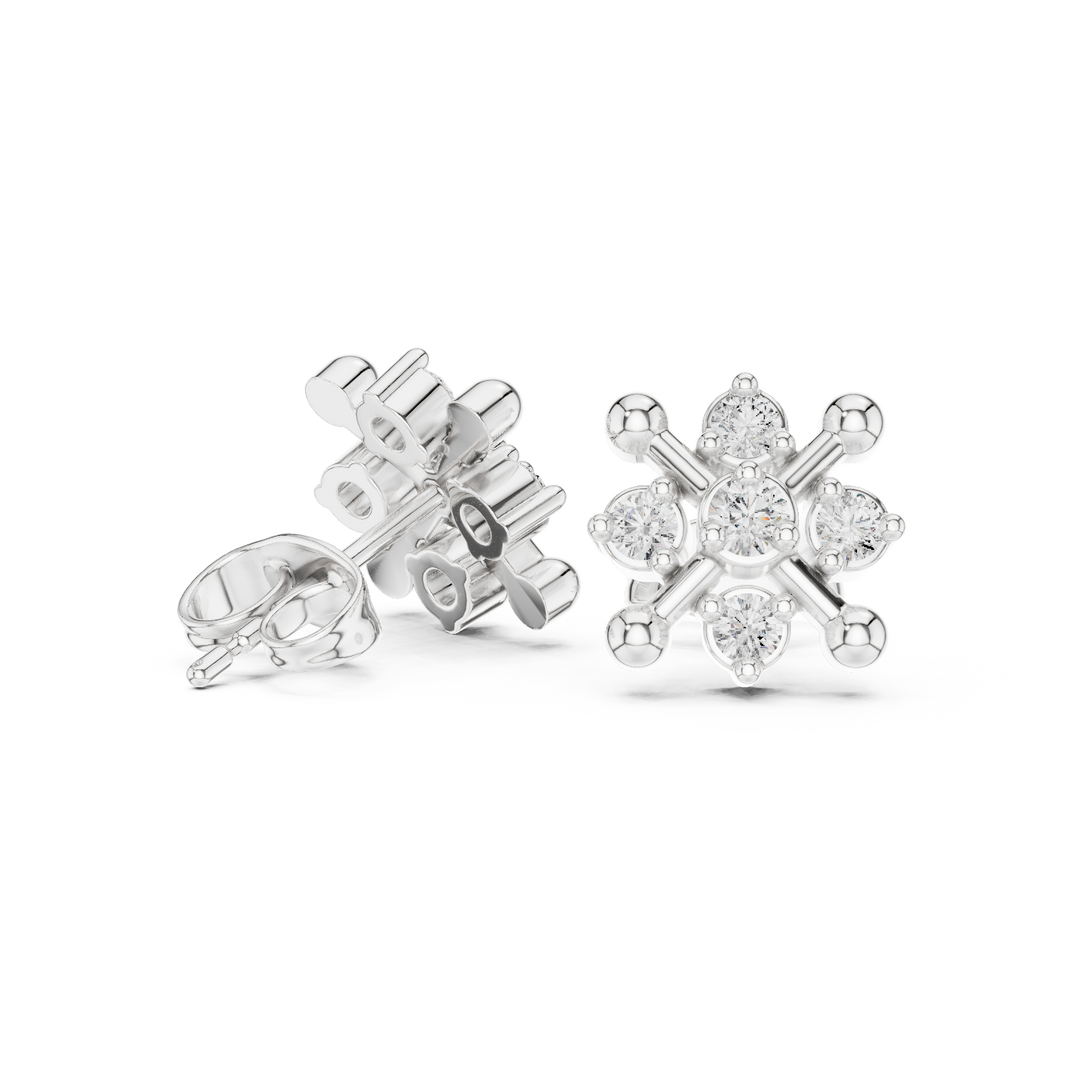 Spoke wheel cluster stud earrings with round stone cluster centre and bar spoke frame with bead tips in a wheel pattern