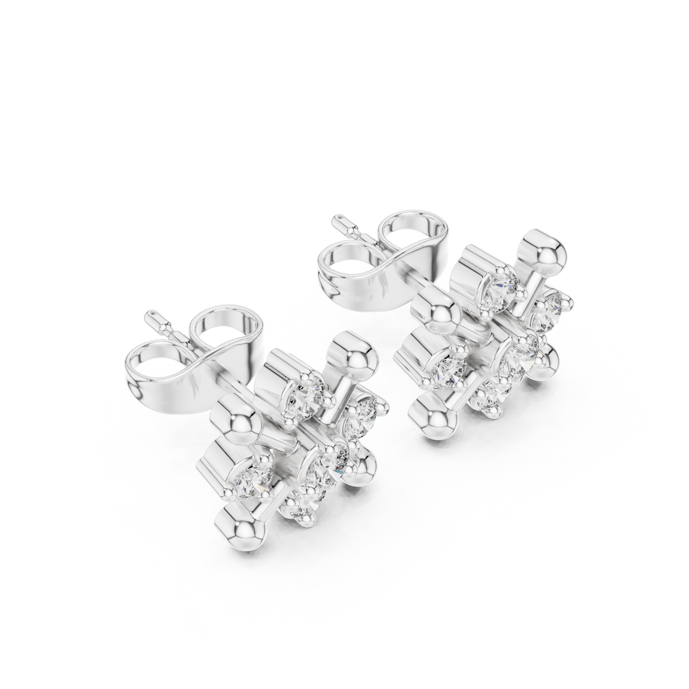 Spoke wheel cluster stud earrings with round stone cluster centre and bar spoke frame with bead tips in a wheel pattern