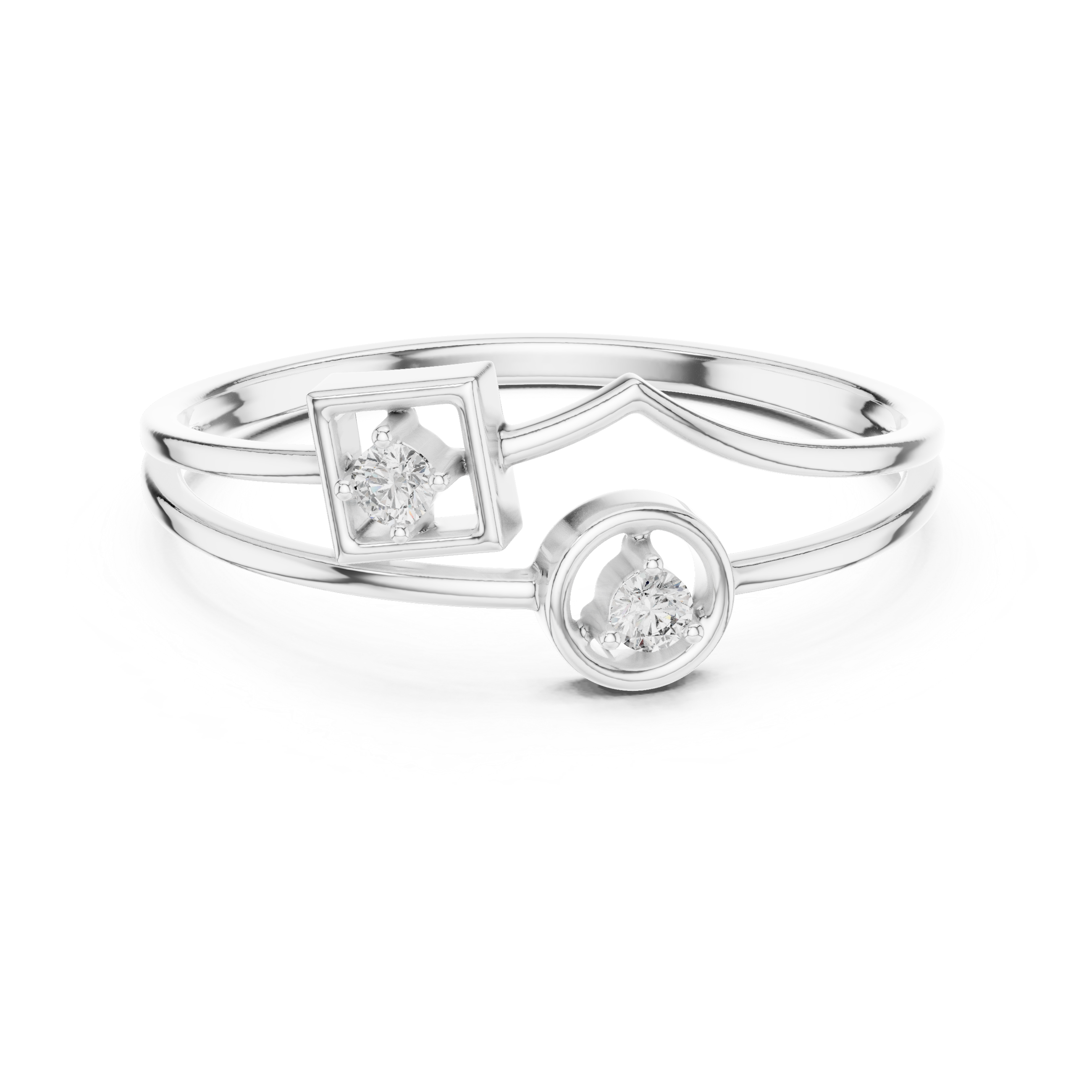 Geometric square and circle dual diamond solitaire ring with double band
