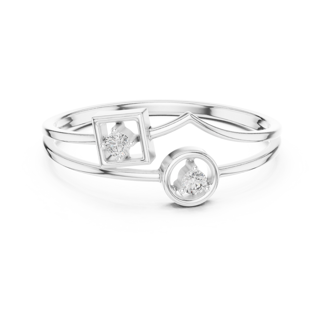 Geometric square and circle dual diamond solitaire ring with double band