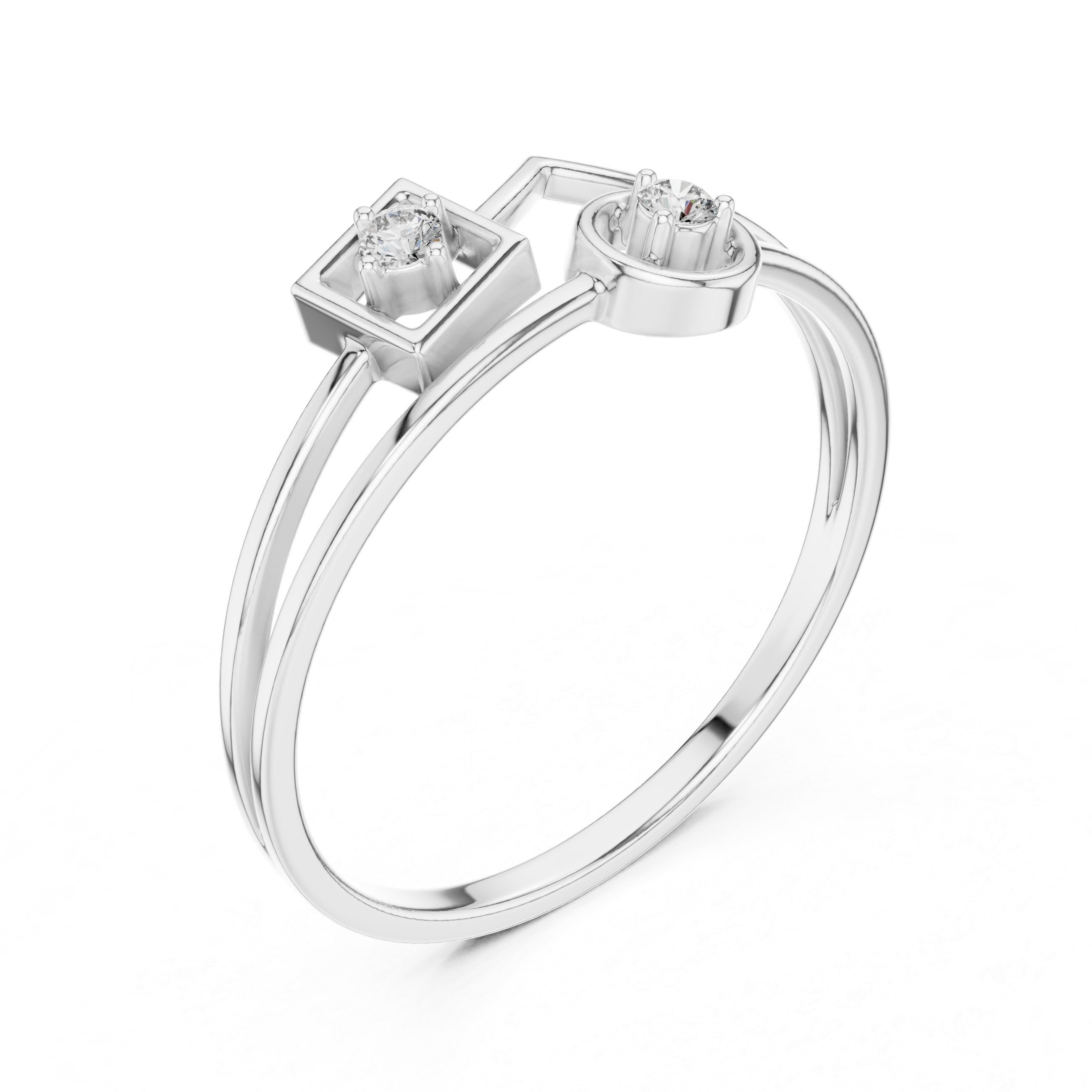 Geometric square and circle dual diamond solitaire ring with double band