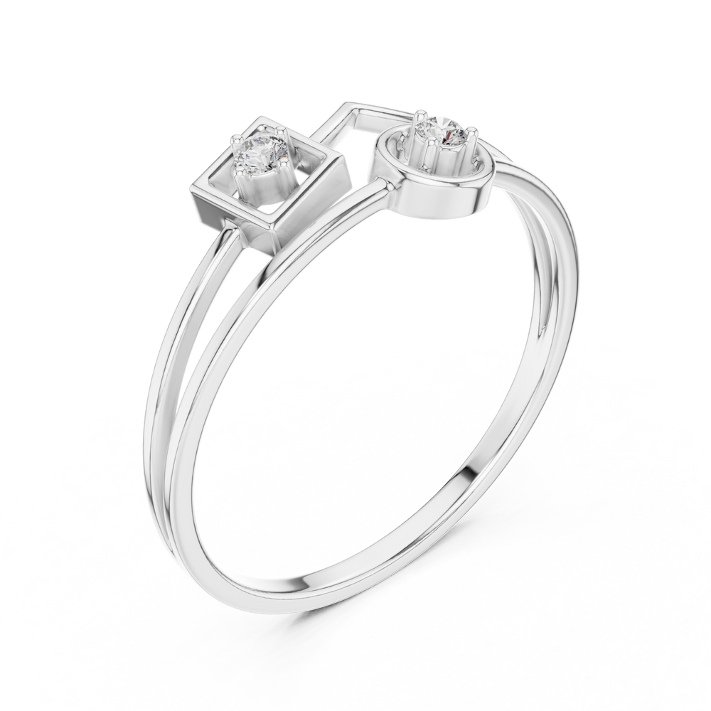 Geometric square and circle dual diamond solitaire ring with double band
