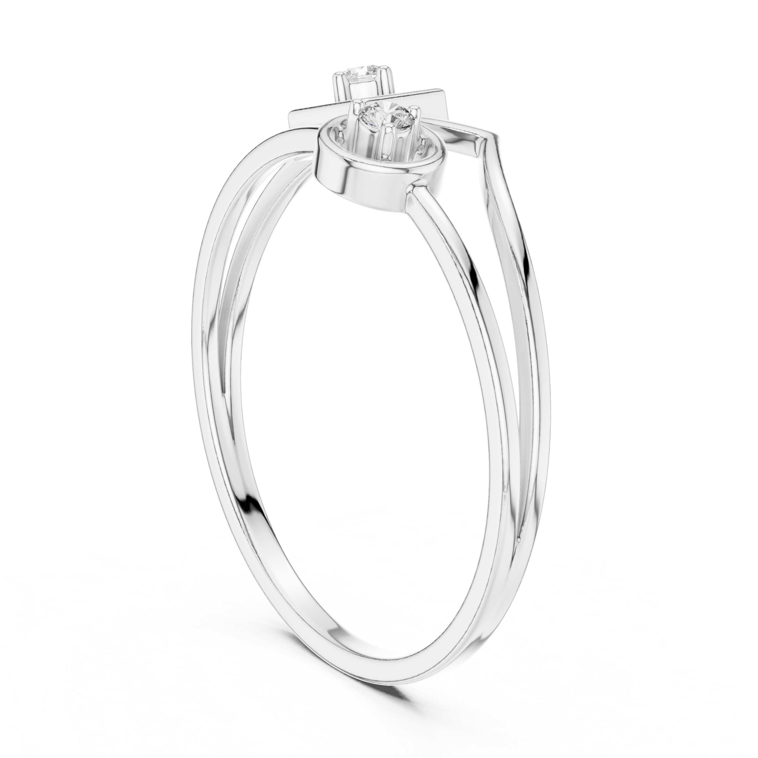 Geometric square and circle dual diamond solitaire ring with double band