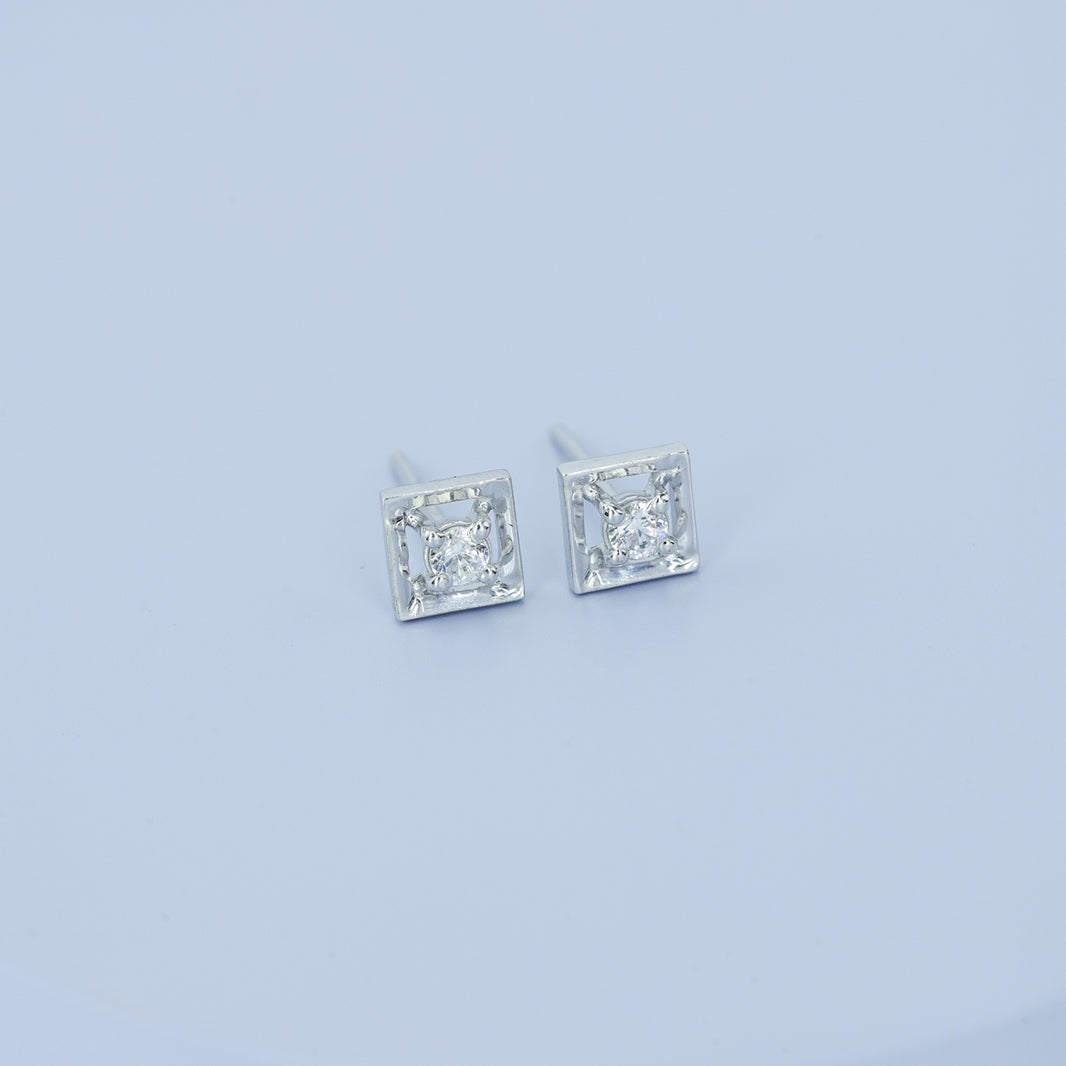 Square claw stud earrings with tilted open frame and raised round centre
