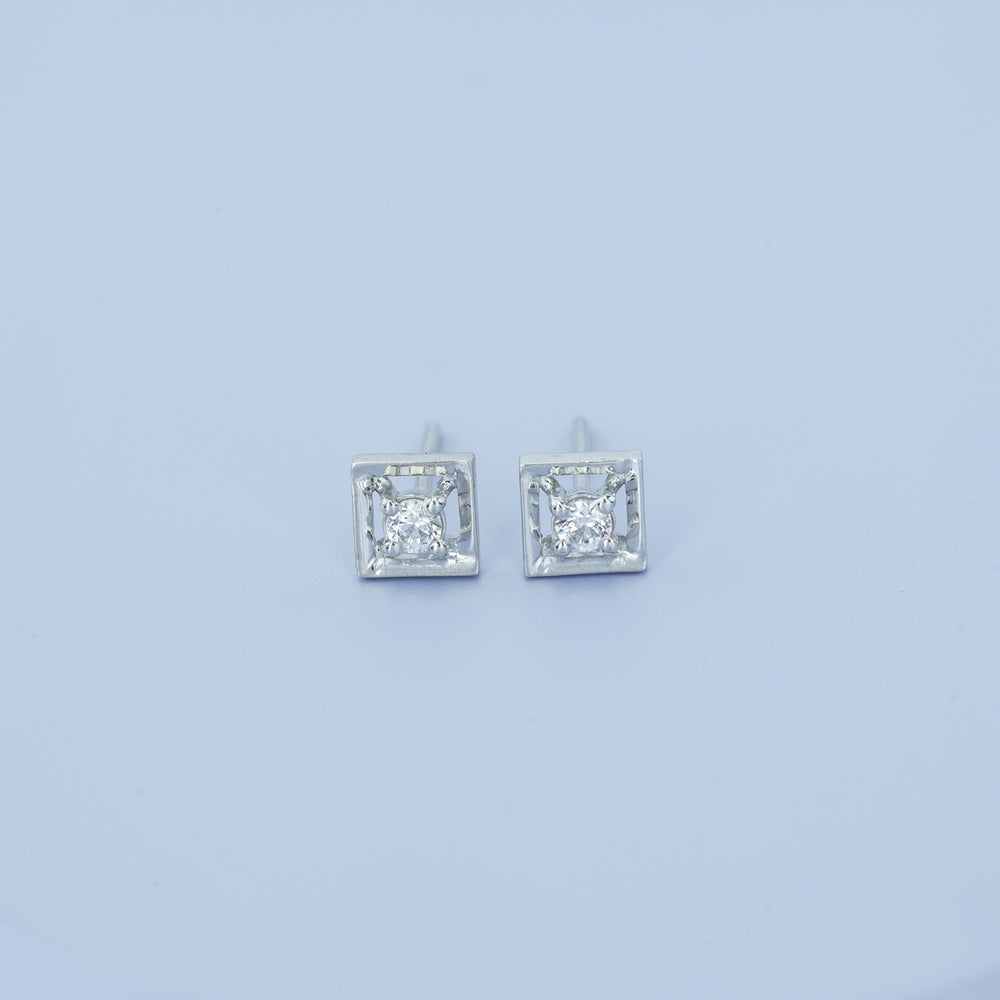 Square claw stud earrings with tilted open frame and raised round centre
