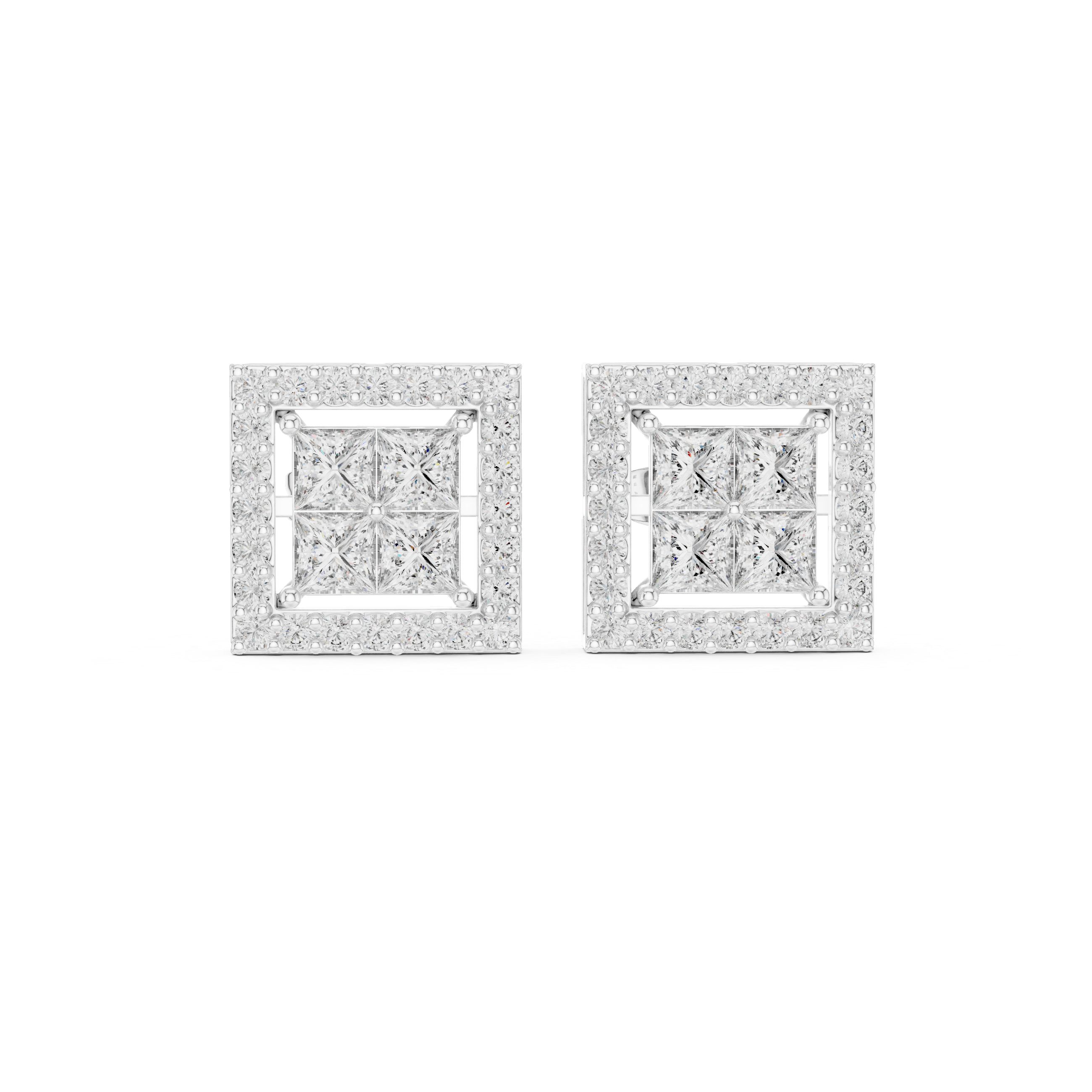 Square cluster halo stud earrings with pave square outer frame and four princess cut stones in illusion cluster centre