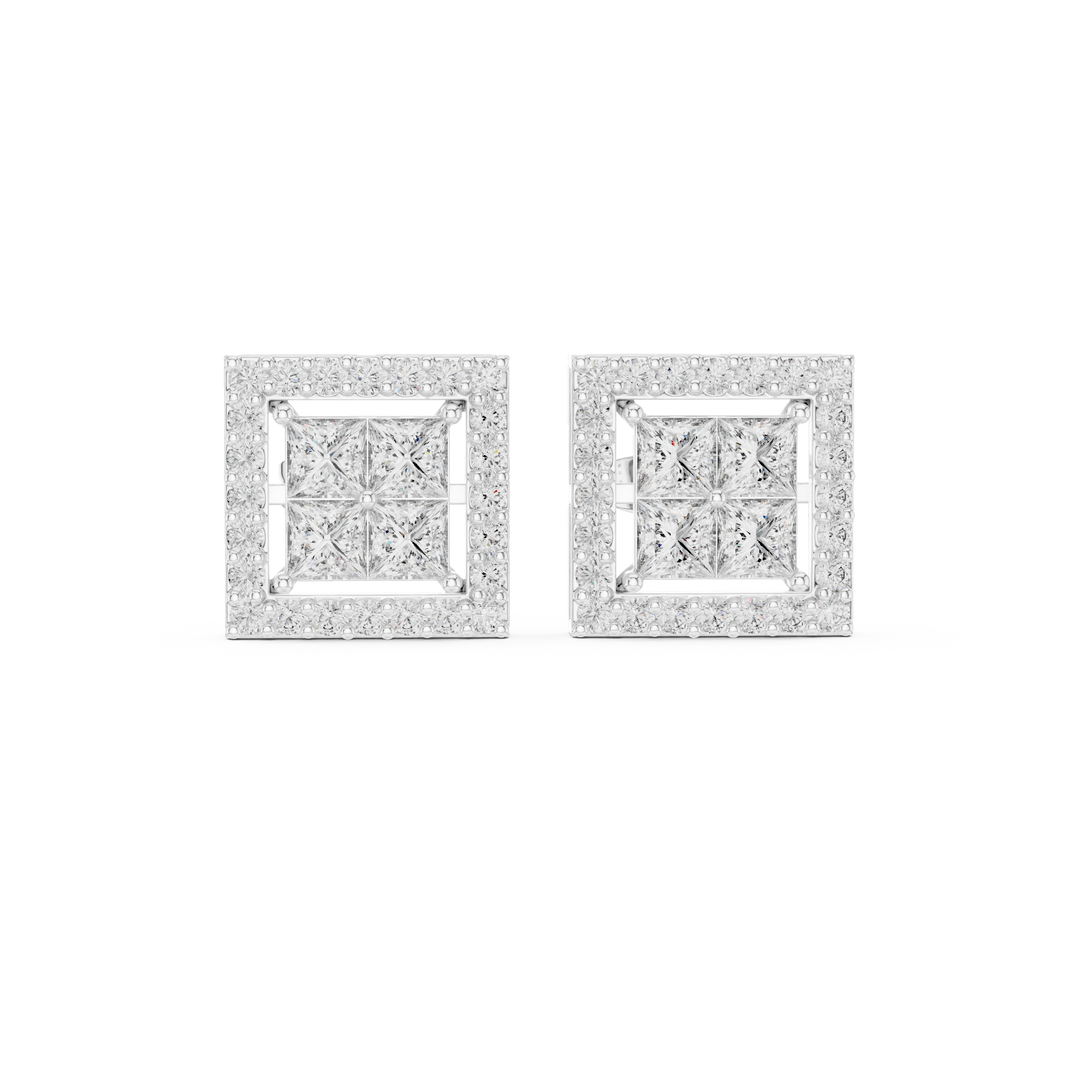 Square cluster halo stud earrings with pave square outer frame and four princess cut stones in illusion cluster centre