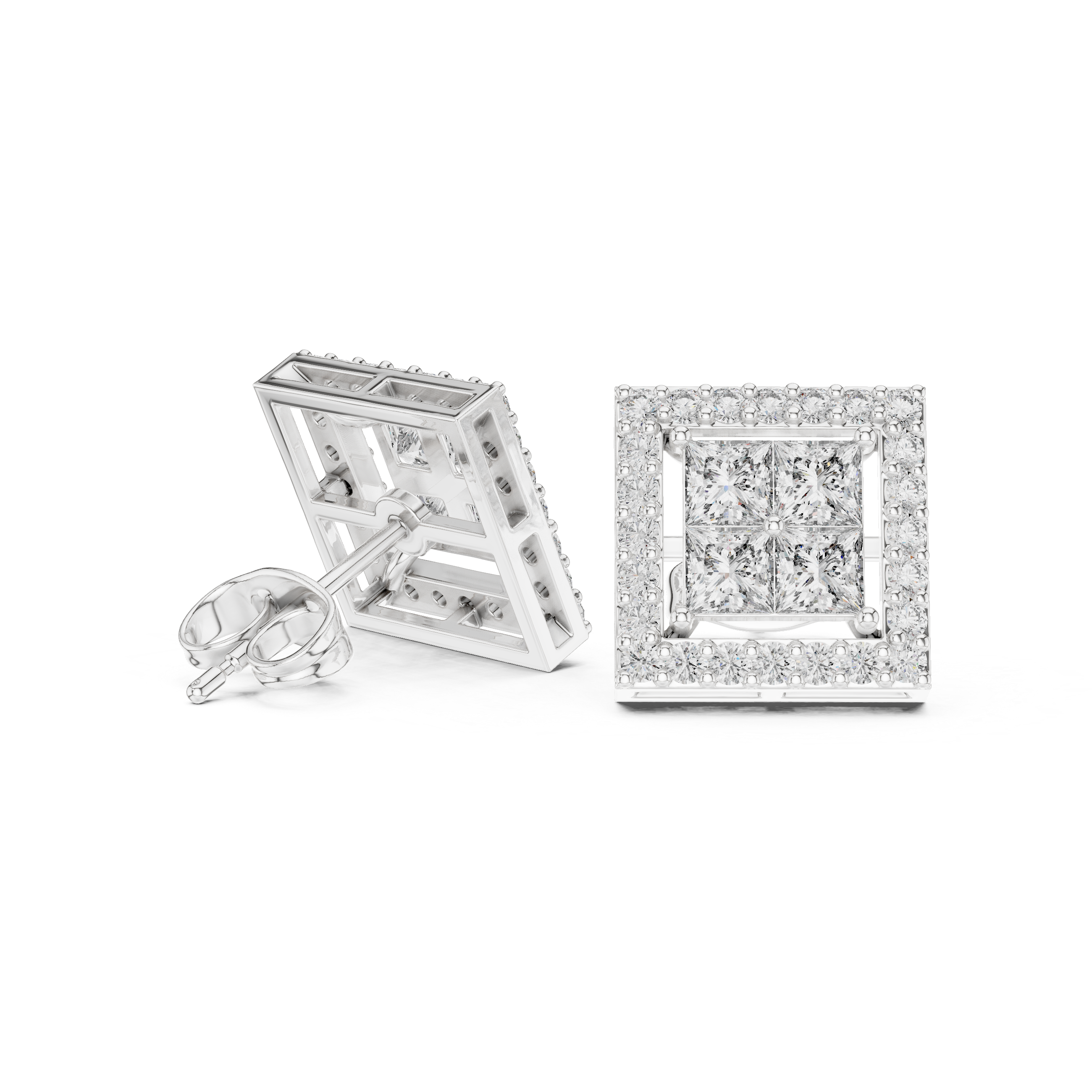 Square cluster halo stud earrings with pave square outer frame and four princess cut stones in illusion cluster centre