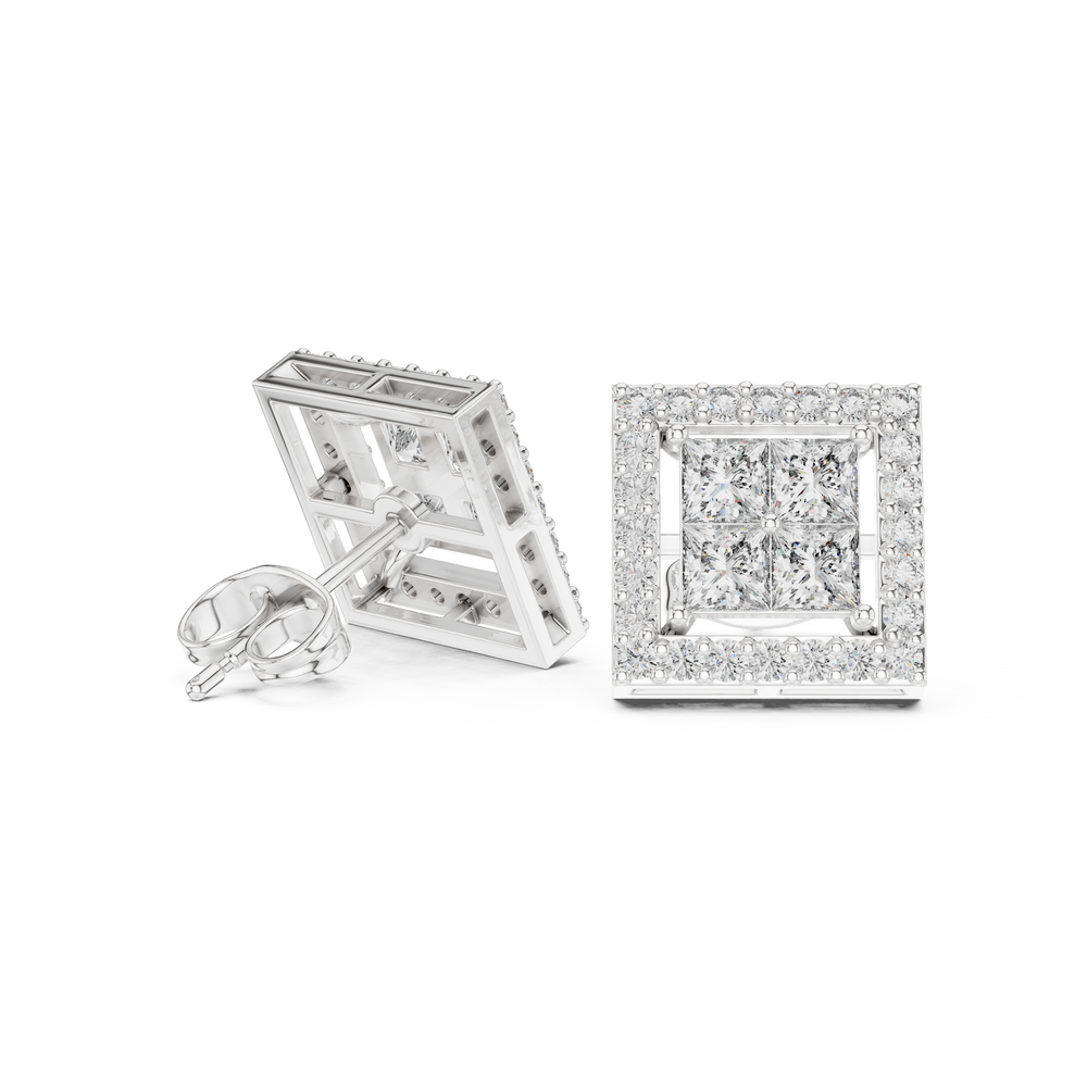 Square cluster halo stud earrings with pave square outer frame and four princess cut stones in illusion cluster centre