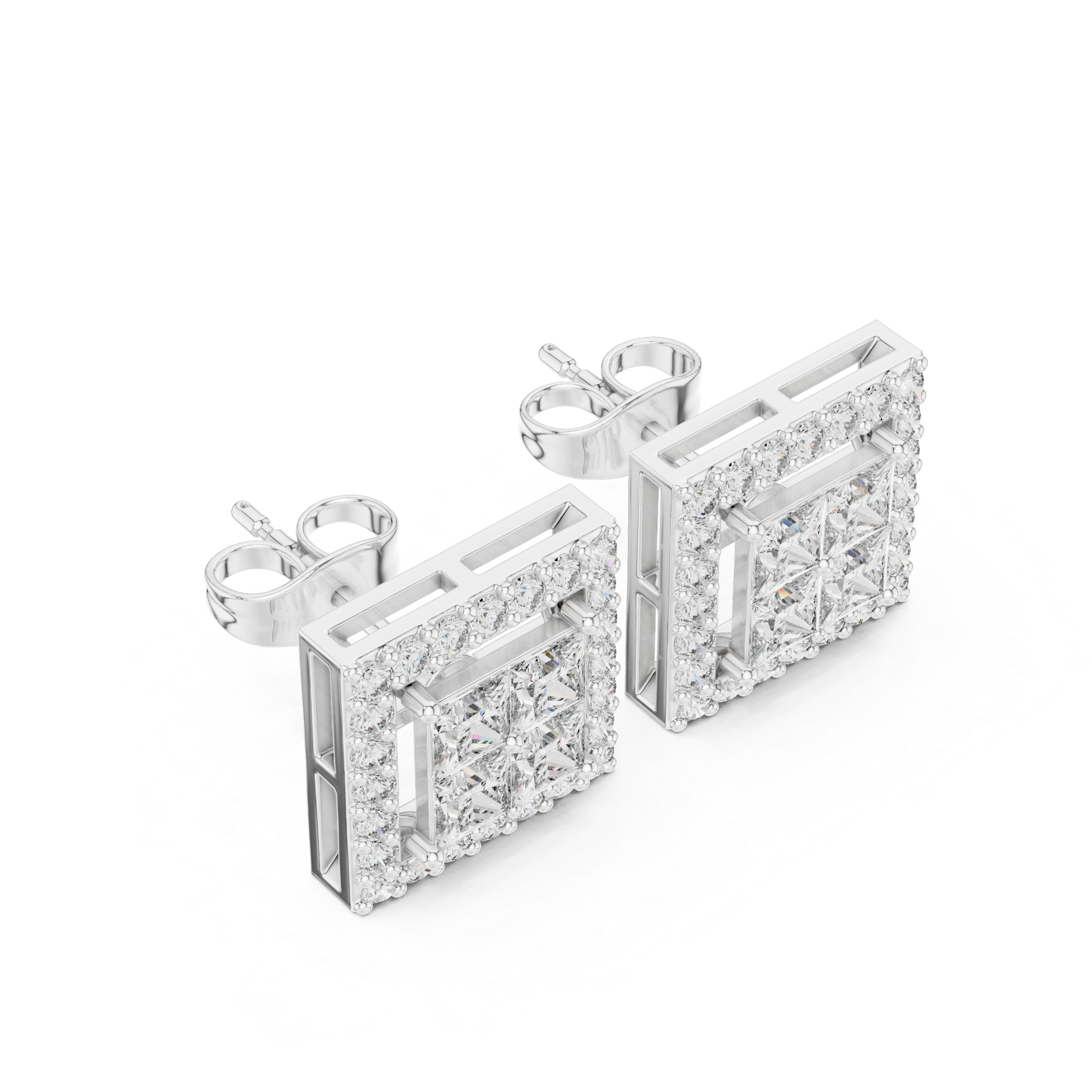 Square cluster halo stud earrings with pave square outer frame and four princess cut stones in illusion cluster centre