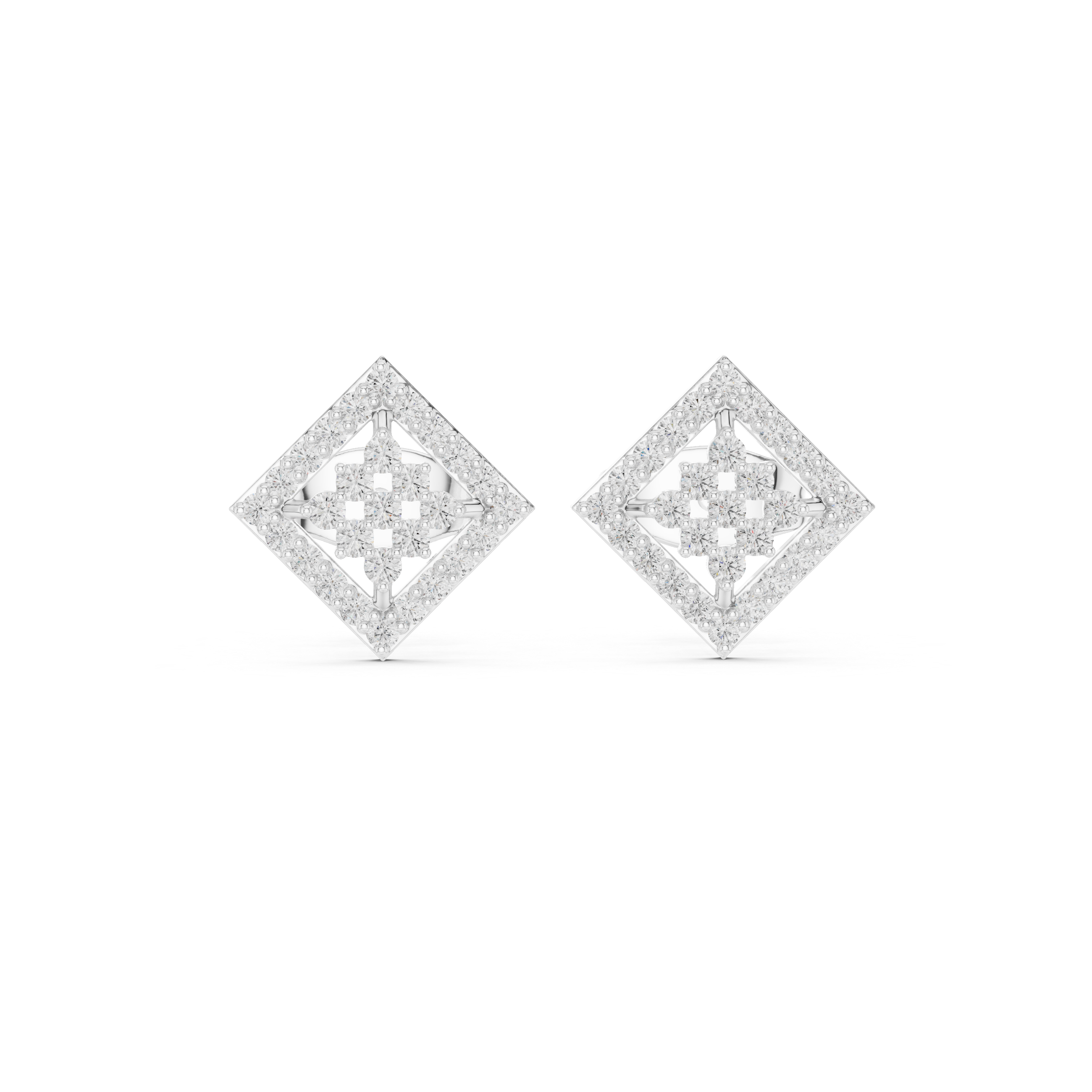 Square-set stud earrings with an open lattice four-petal floral cluster centre within a pavé-set border frame
