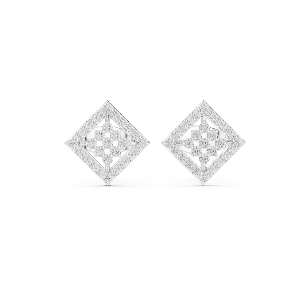 Square-set stud earrings with an open lattice four-petal floral cluster centre within a pavé-set border frame