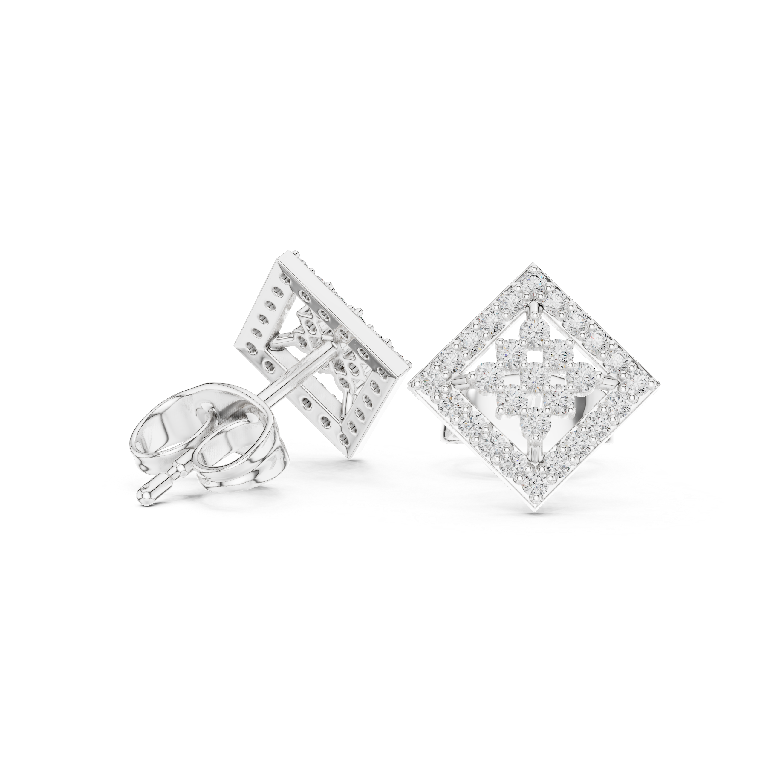 Square-set stud earrings with an open lattice four-petal floral cluster centre within a pavé-set border frame