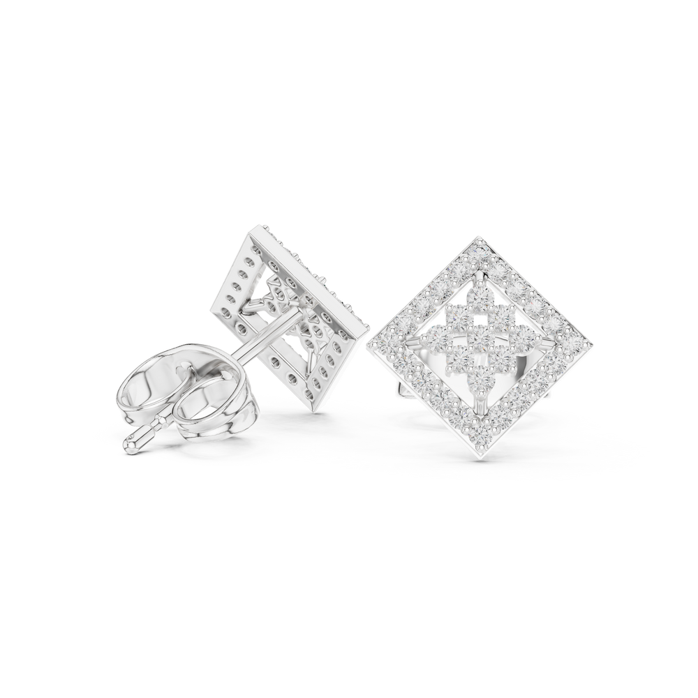 Square-set stud earrings with an open lattice four-petal floral cluster centre within a pavé-set border frame
