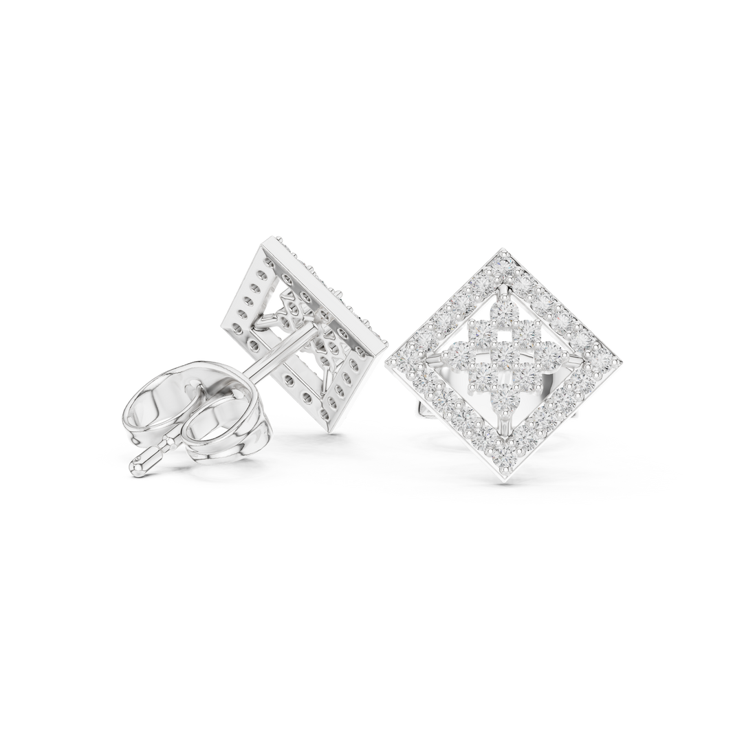 Square-set stud earrings with an open lattice four-petal floral cluster centre within a pavé-set border frame