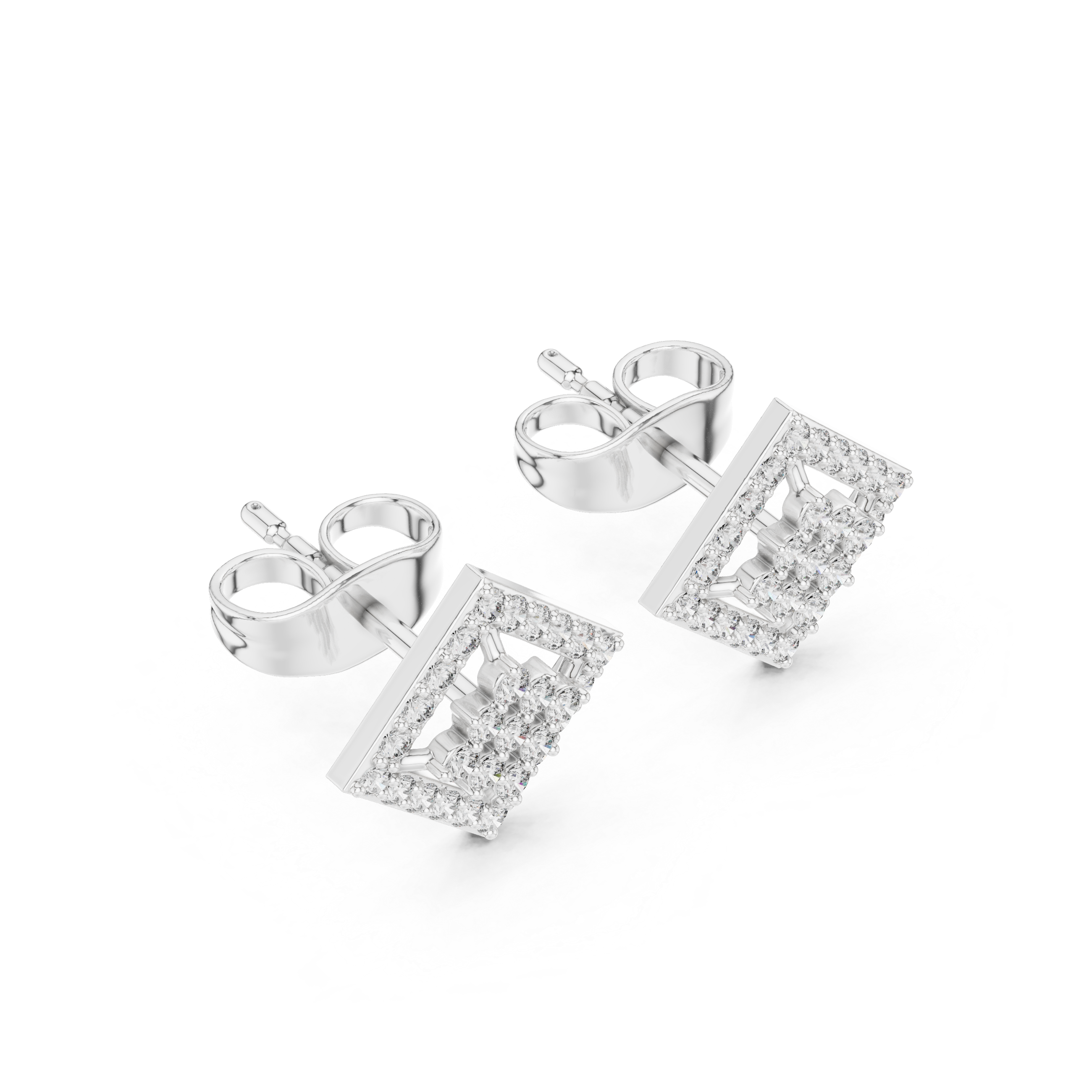 Square-set stud earrings with an open lattice four-petal floral cluster centre within a pavé-set border frame