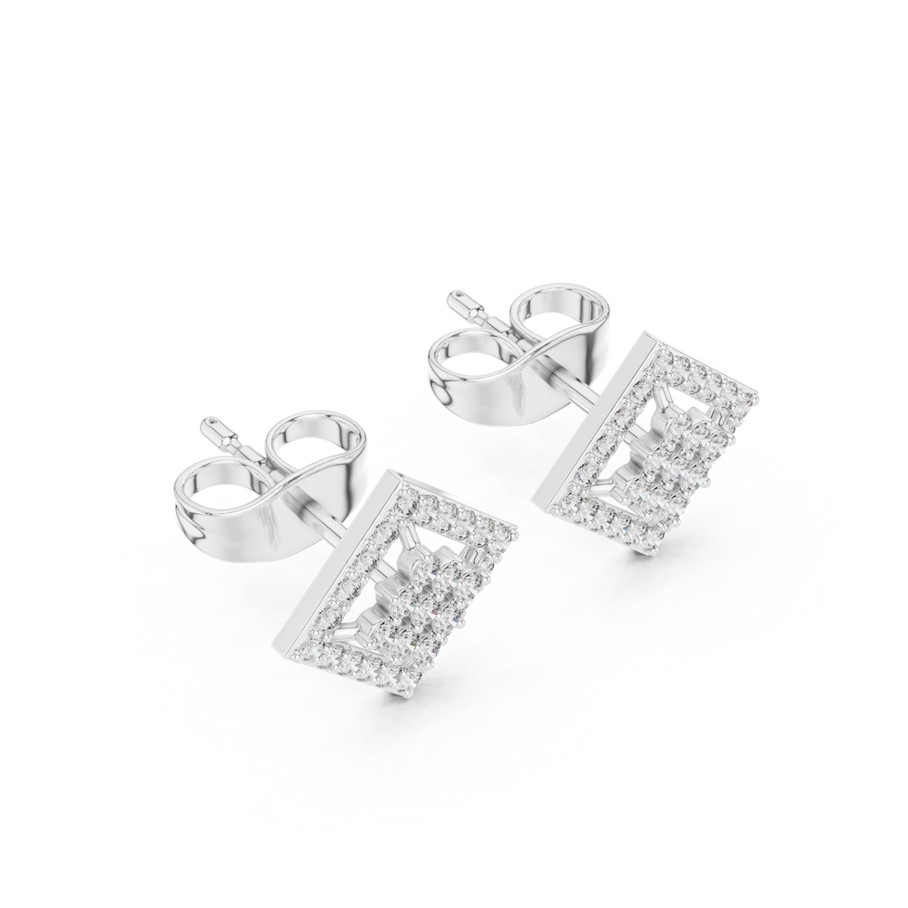 Square-set stud earrings with an open lattice four-petal floral cluster centre within a pavé-set border frame