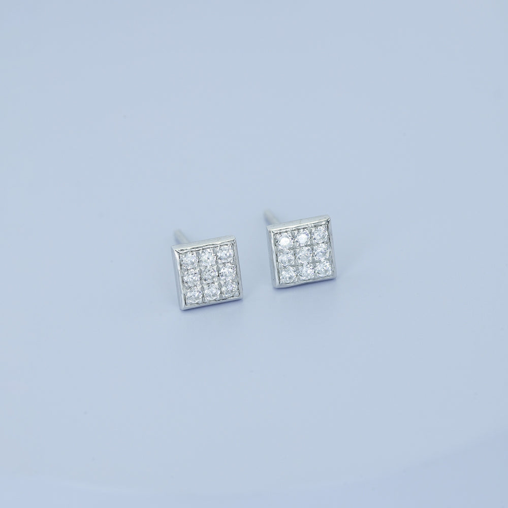 Square grid cluster stud earrings with tilted diamond shape and pave filled surface