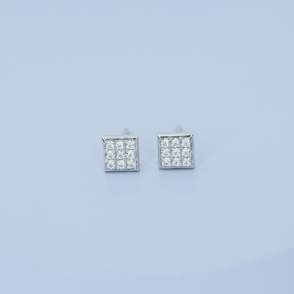 Square grid cluster stud earrings with tilted diamond shape and pave filled surface
