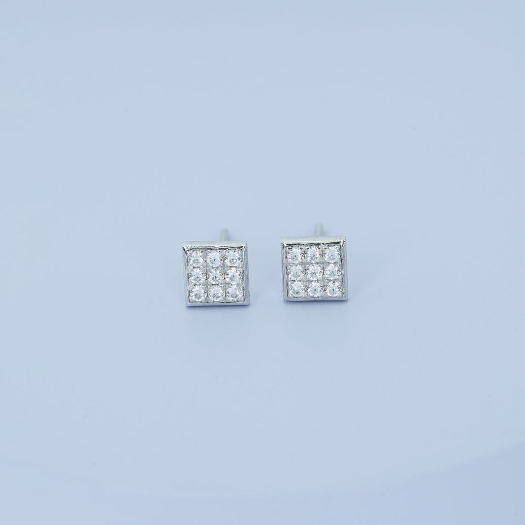 Square grid cluster stud earrings with tilted diamond shape and pave filled surface
