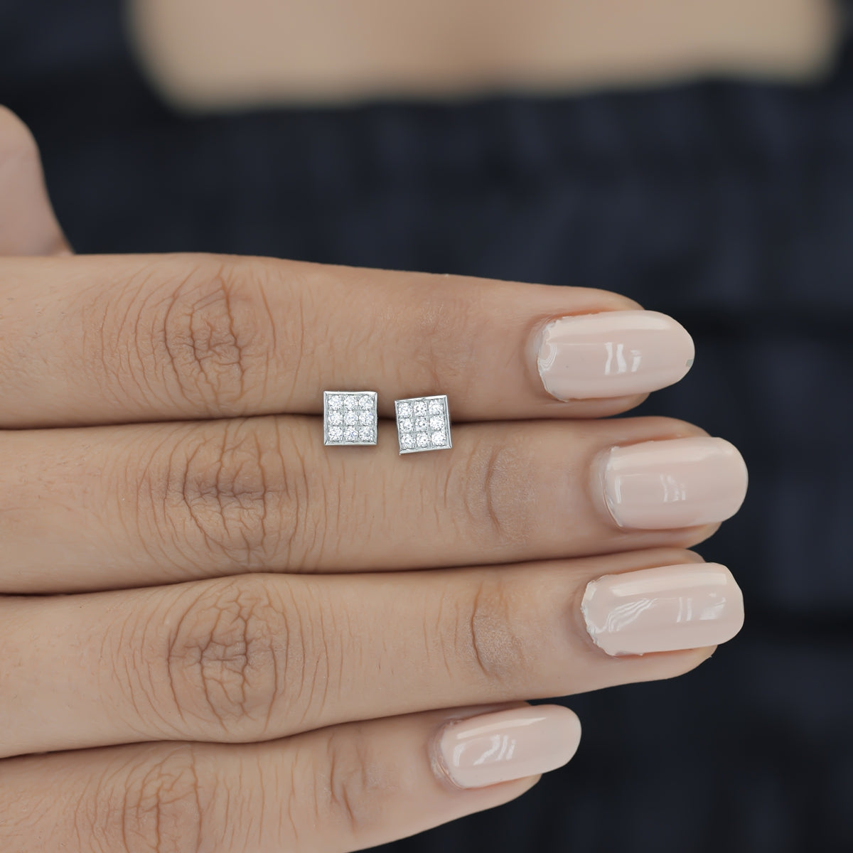 Square grid cluster stud earrings with tilted diamond shape and pave filled surface