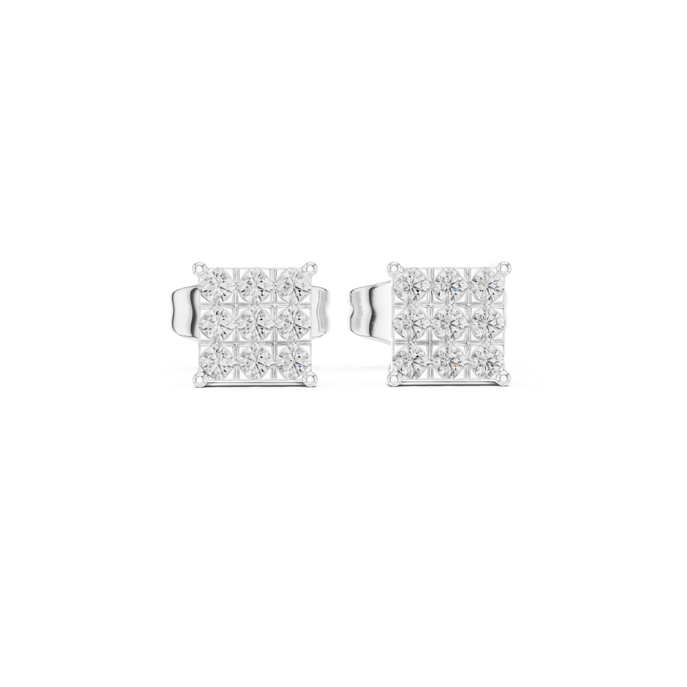 Square stud earrings with a nine-stone round brilliant grid cluster set in a four-prong corner setting