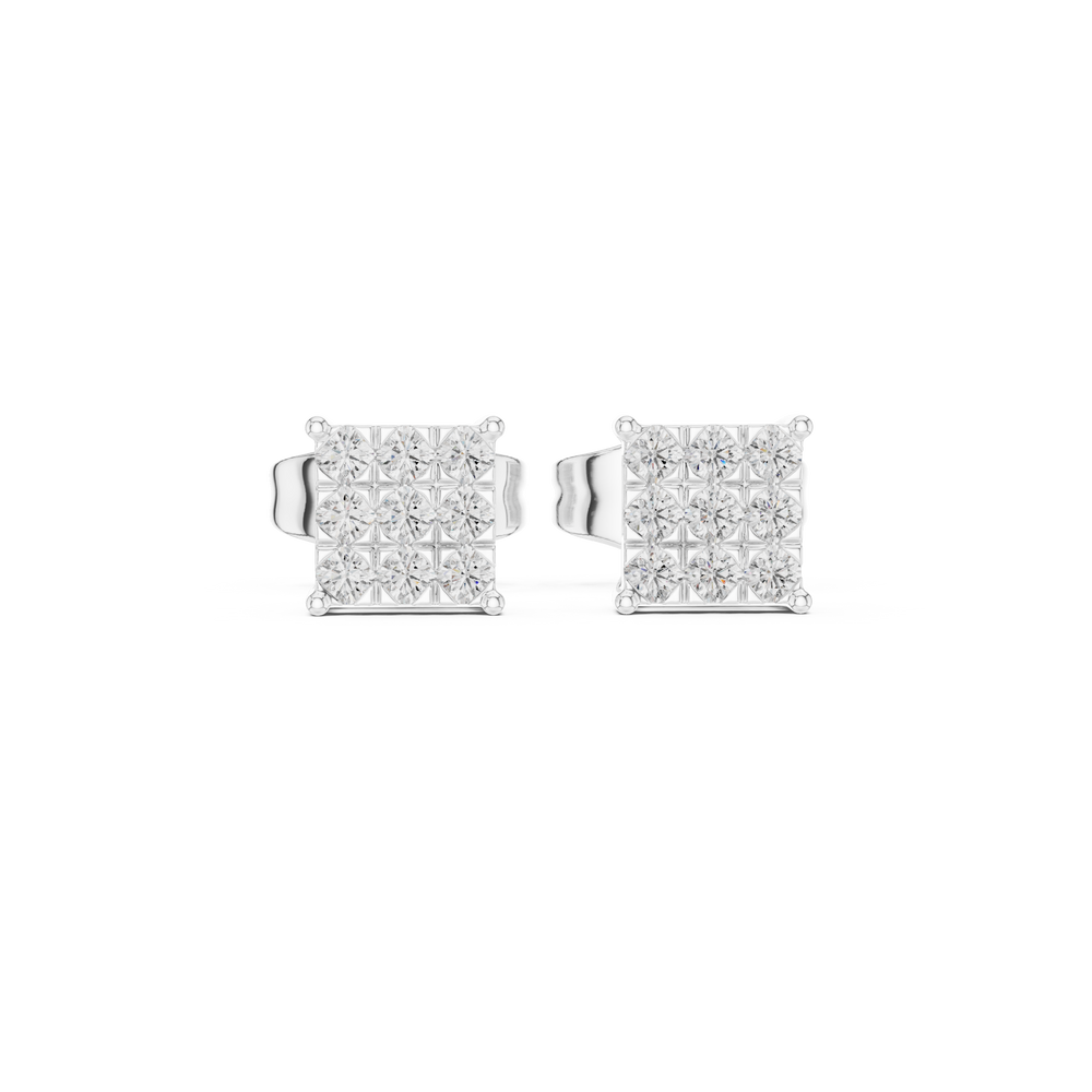 Square stud earrings with a nine-stone round brilliant grid cluster set in a four-prong corner setting