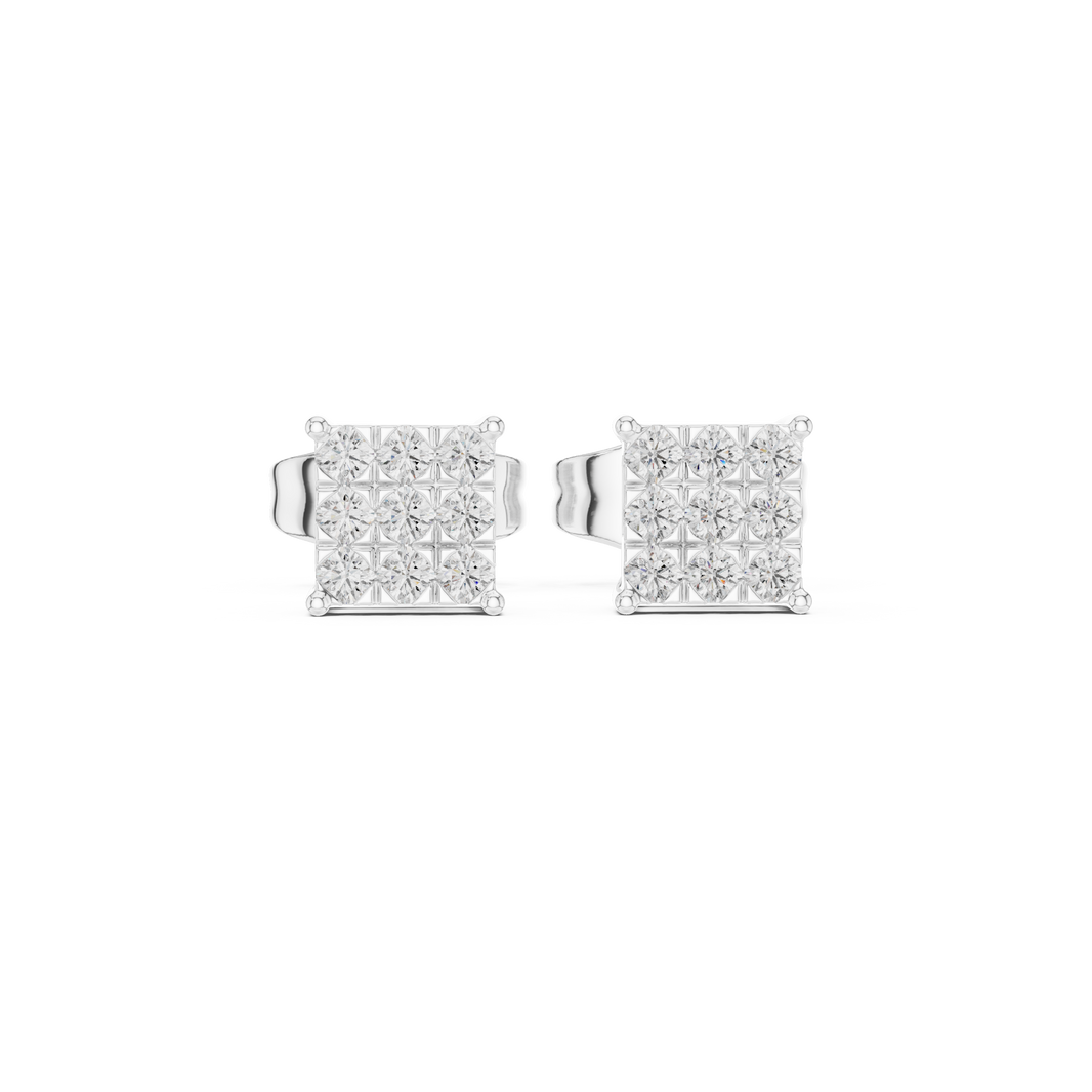 Square stud earrings with a nine-stone round brilliant grid cluster set in a four-prong corner setting