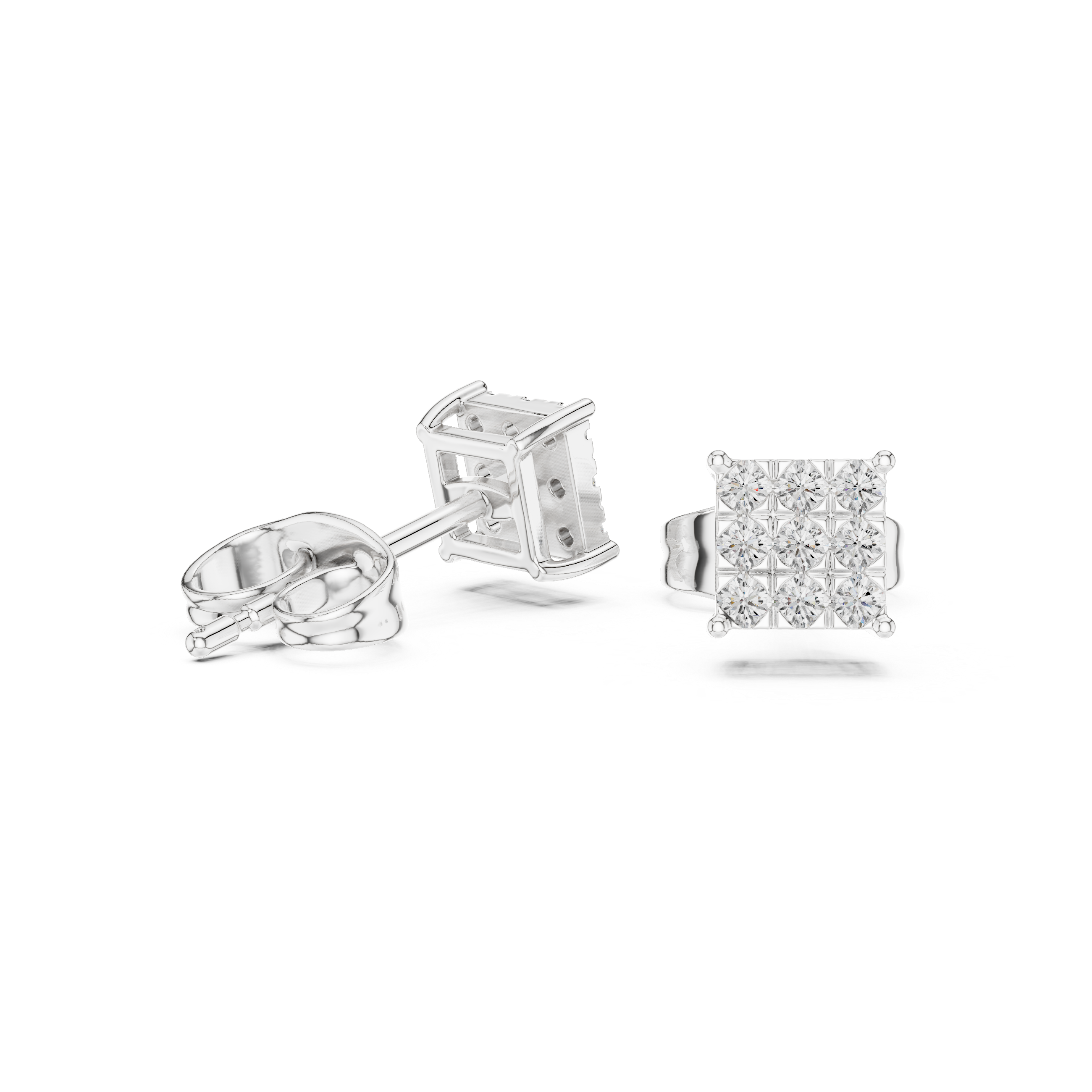 Square stud earrings with a nine-stone round brilliant grid cluster set in a four-prong corner setting