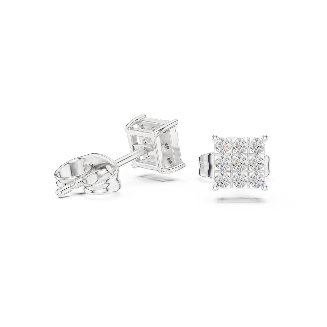 Square stud earrings with a nine-stone round brilliant grid cluster set in a four-prong corner setting