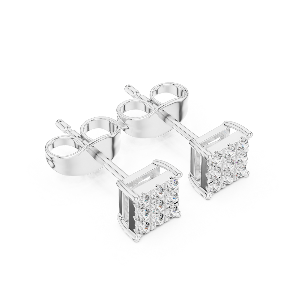 Square stud earrings with a nine-stone round brilliant grid cluster set in a four-prong corner setting