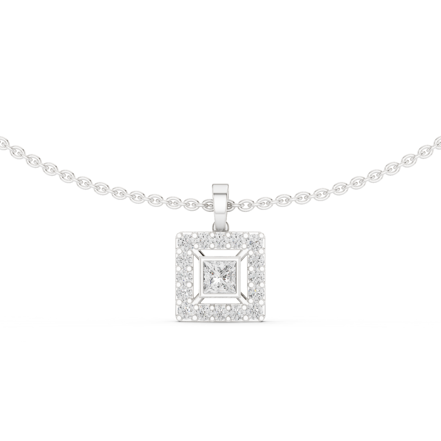 Square halo diamond pendant necklace with princess cut centre stone
