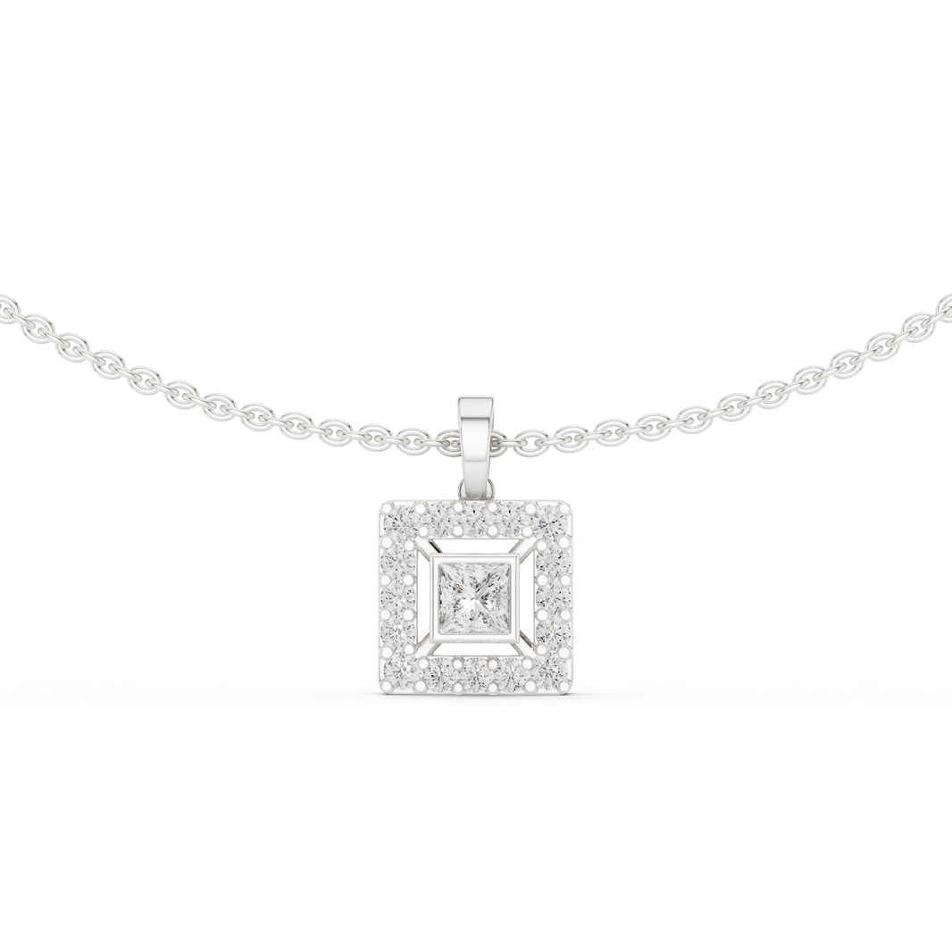 Square halo diamond pendant necklace with princess cut centre stone