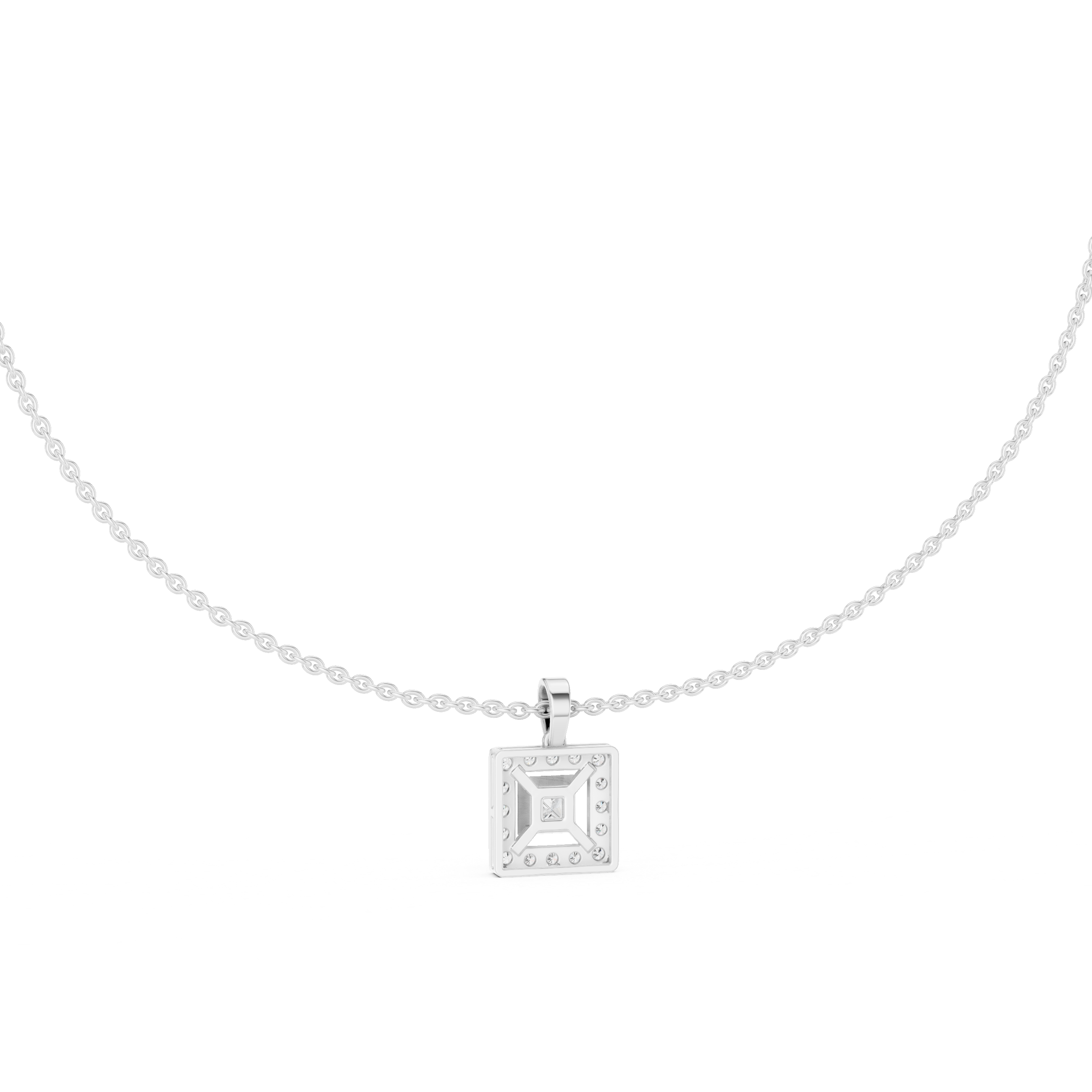 Square halo diamond pendant necklace with princess cut centre stone
