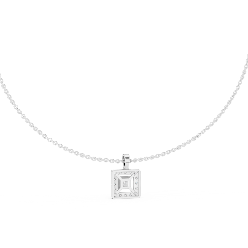 Square halo diamond pendant necklace with princess cut centre stone