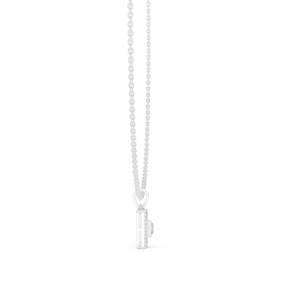 Square halo diamond pendant necklace with princess cut centre stone