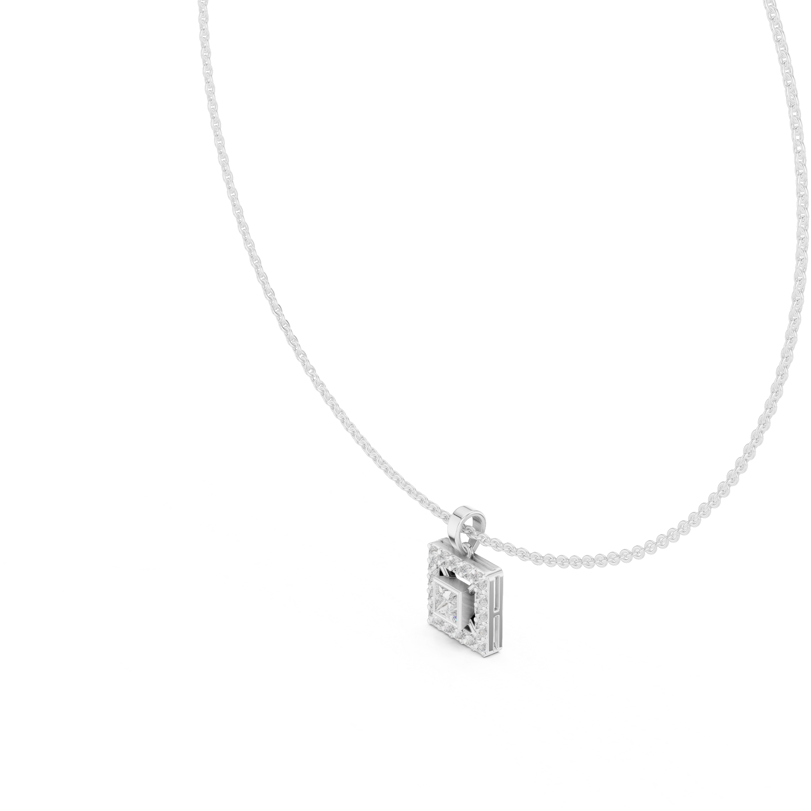 Square halo diamond pendant necklace with princess cut centre stone