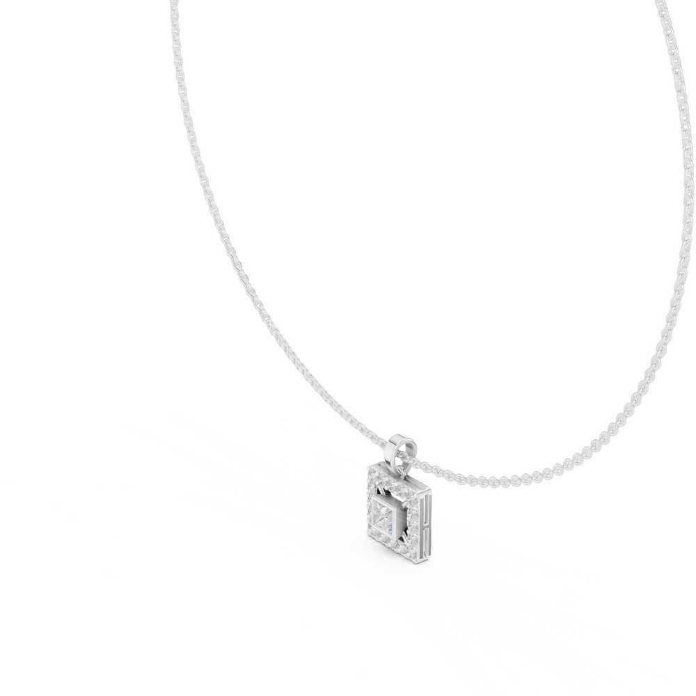 Square halo diamond pendant necklace with princess cut centre stone