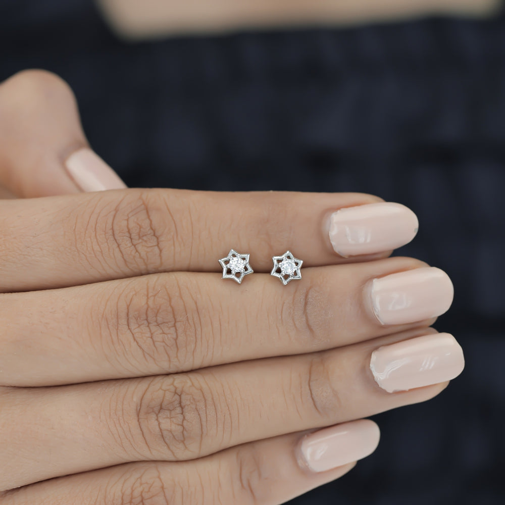 Star burst stud earrings with pointed geometric frame and raised centre